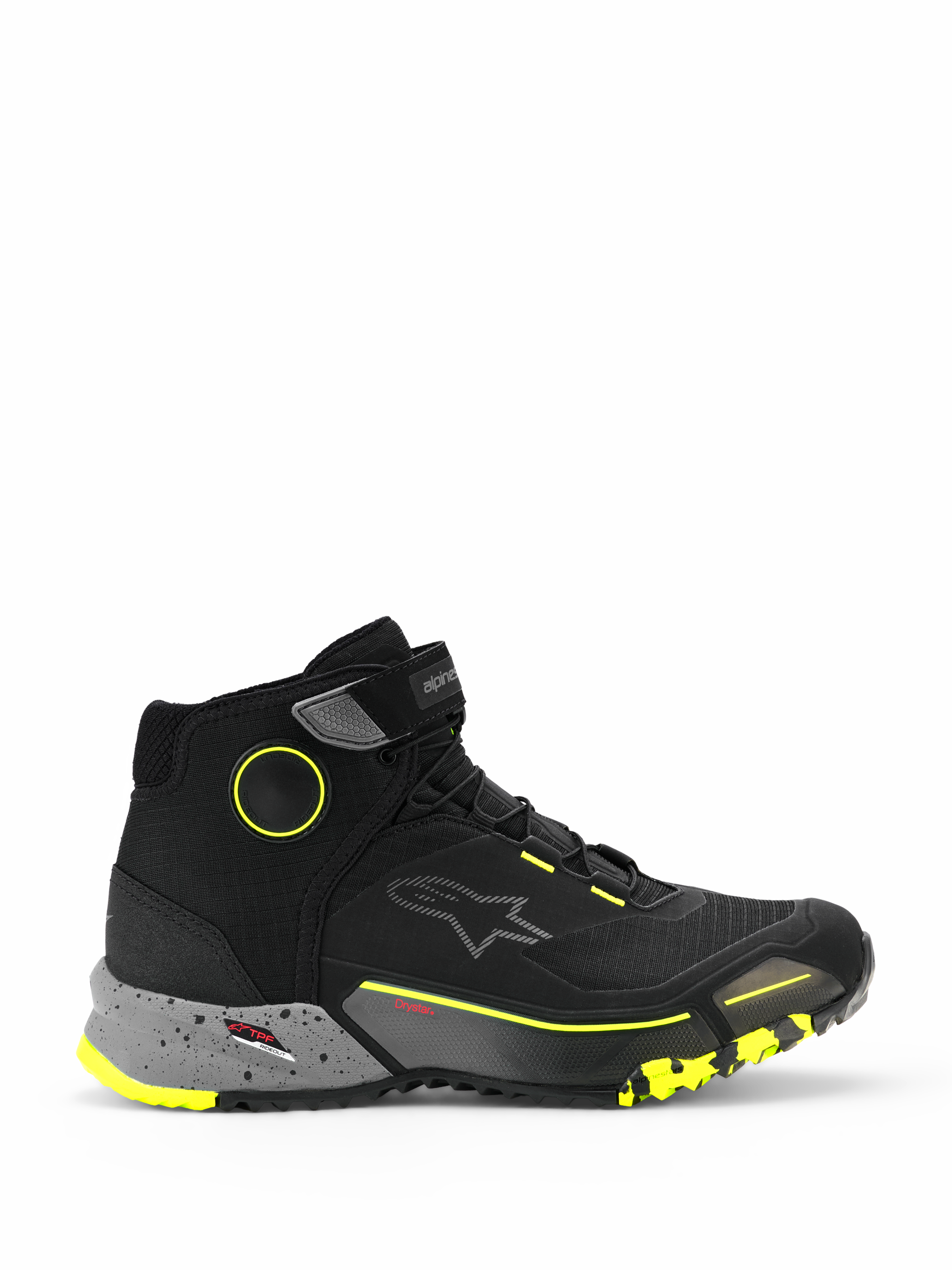 Alpinestars CR-X Drystar Riding Shoes, sapatilhas de moto urbanas de cano alto, pretas com entressola cinzenta escura salpicada e detalhes amarelo fluo, membrana Drystar impermeável, sola robusta texturizada, calçado de condução casual e protetor
