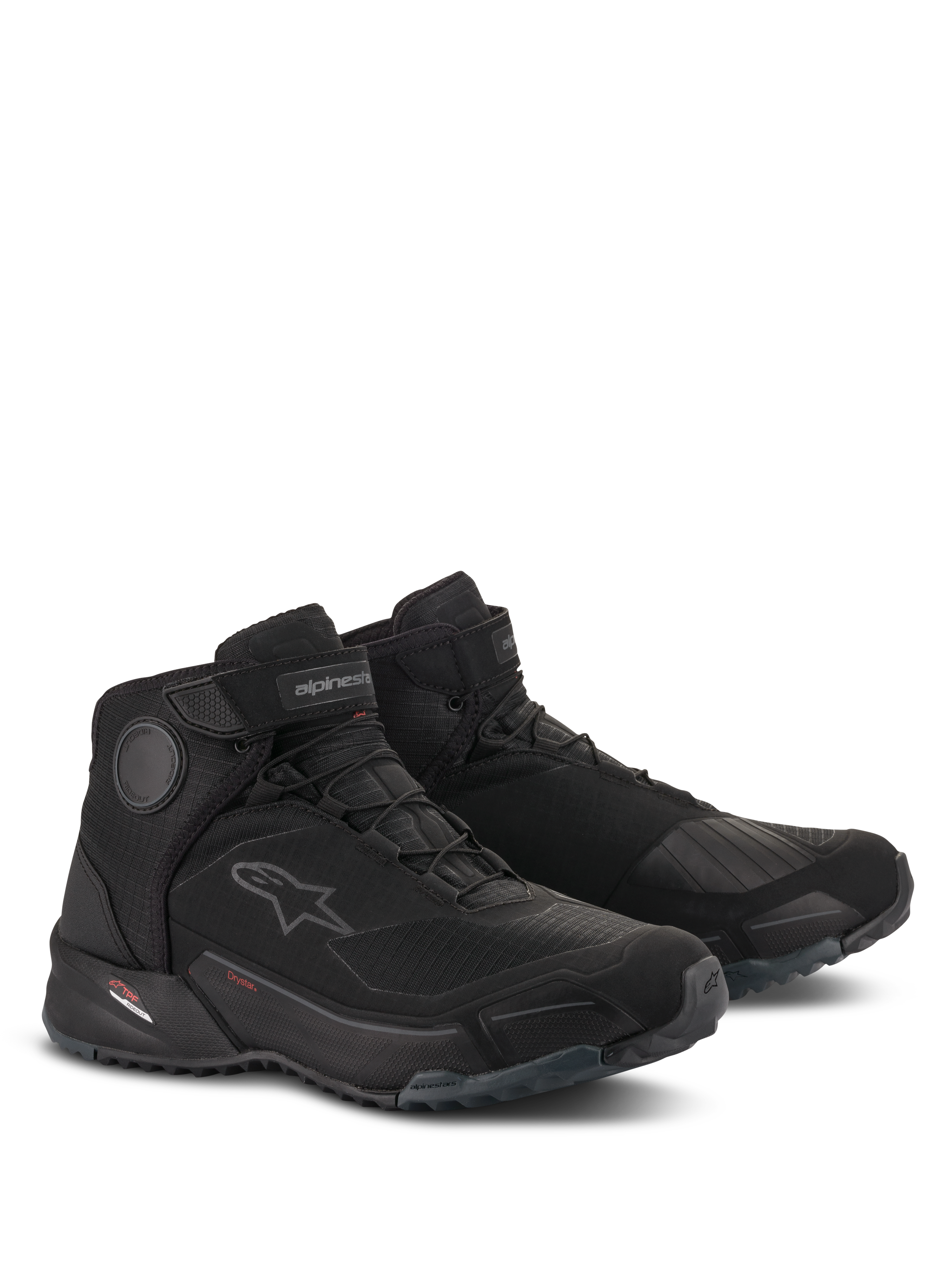 Sapatos de Condução Alpinestars CR-X Drystar®, sapatos de motociclismo impermeáveis, pretos, design atlético com ajuste de ténis de corrida, discos internos no tornozelo, reforço para mudança de velocidades e sola de borracha robusta para condução urbana e conforto ao caminhar