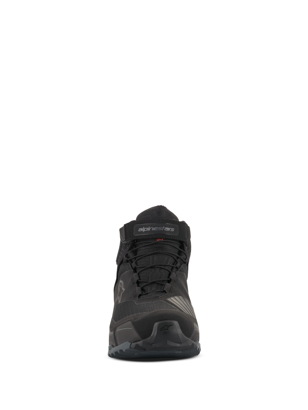 Sapatos de Condução Alpinestars CR-X Drystar®, vista frontal, totalmente pretos, calçado de motociclismo impermeável com atacadores e tira de velcro no tornozelo, design inspirado em ténis de corrida
