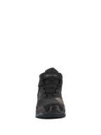 Sapatos de Condução Alpinestars CR-X Drystar®, vista frontal, totalmente pretos, calçado de motociclismo impermeável com atacadores e tira de velcro no tornozelo, design inspirado em ténis de corrida