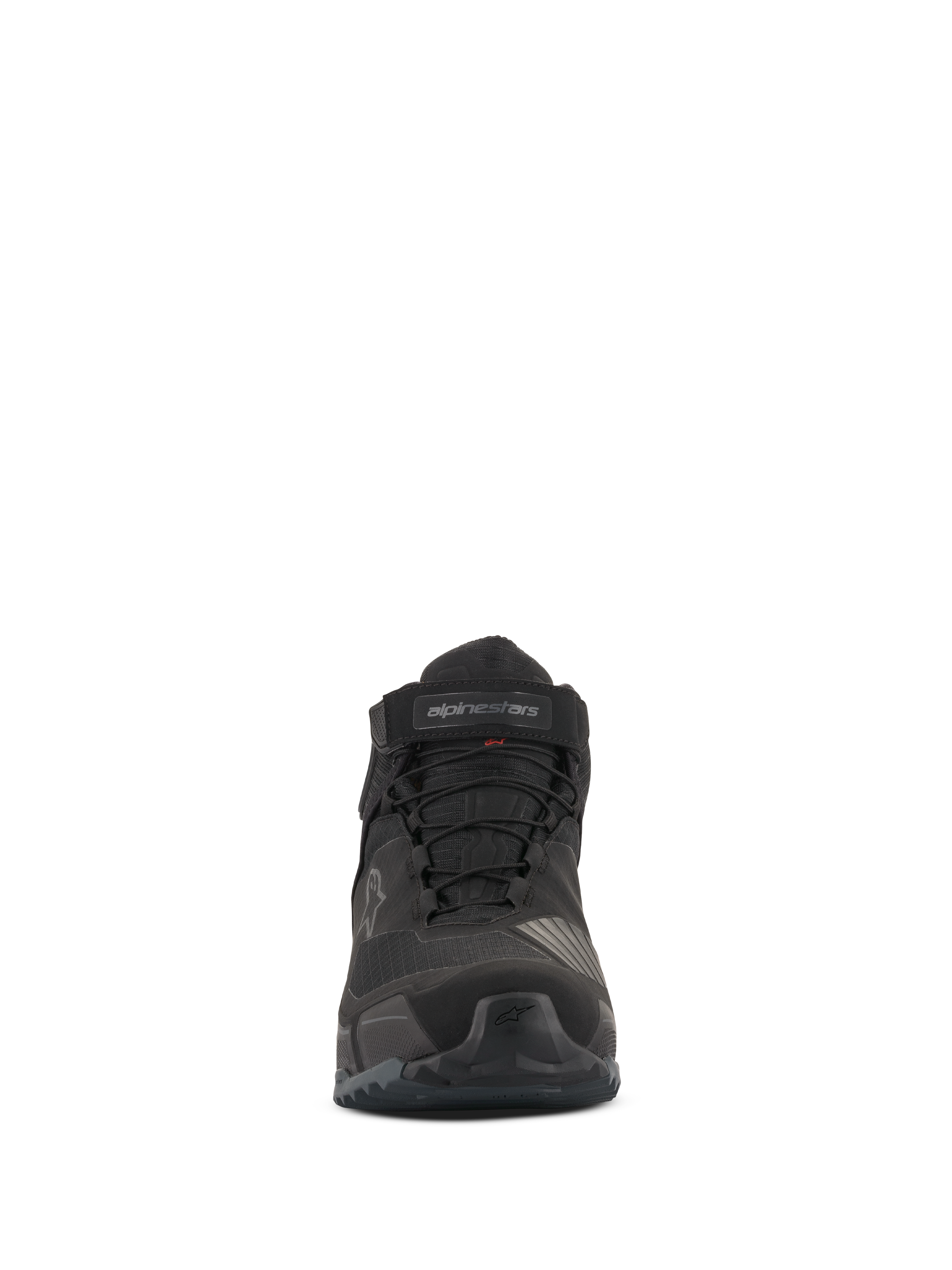 Sapatos de Condução Alpinestars CR-X Drystar®, vista frontal, totalmente pretos, calçado de motociclismo impermeável com atacadores e tira de velcro no tornozelo, design inspirado em ténis de corrida