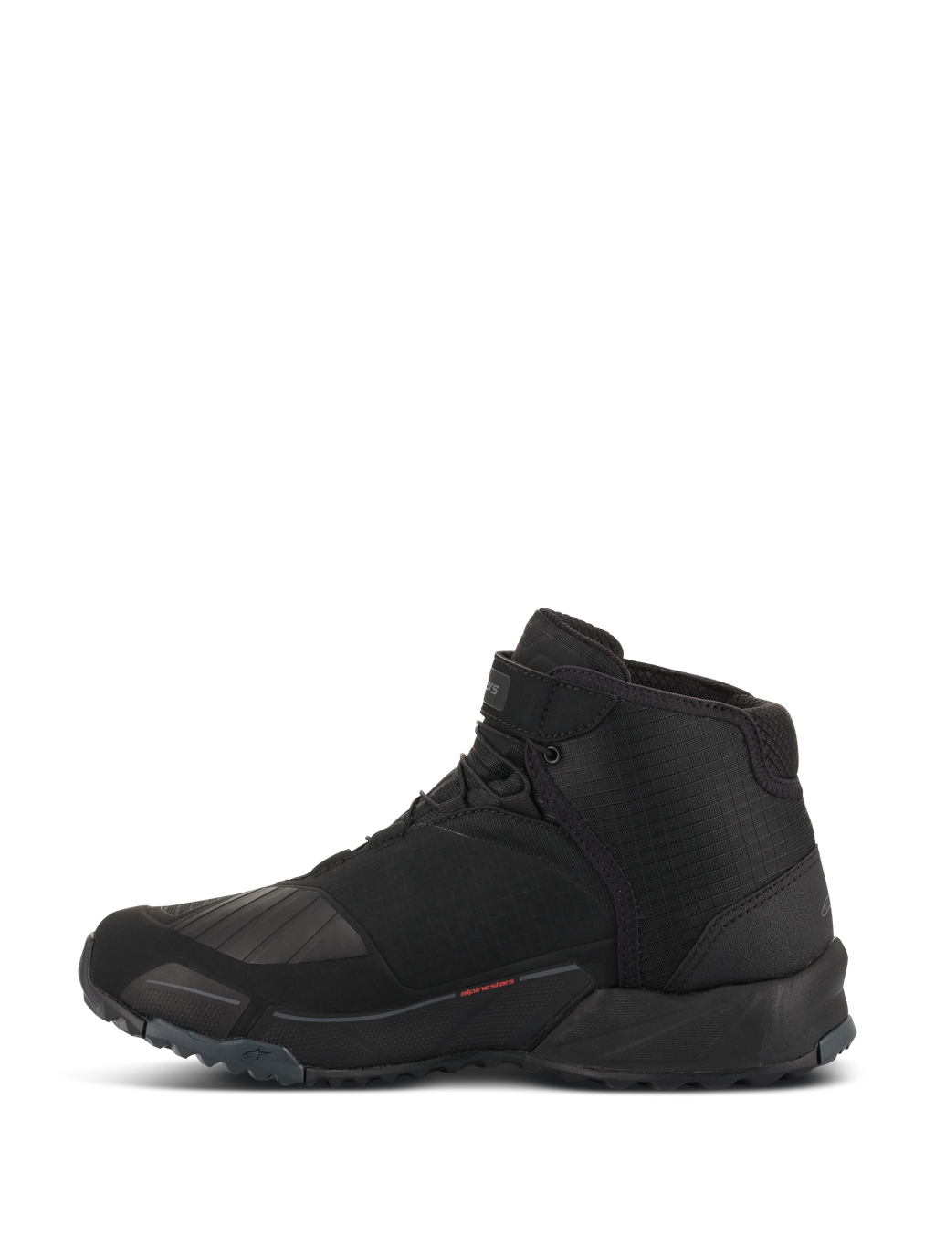 Alpinestars CR-X Drystar Riding Shoes, sapatos de motociclismo, pretos, vista de perfil lateral, design de cano alto com silhueta de sapatilha de corrida, com zona de mudança de velocidades em TPU reforçado, sola com relevos para aderência e construção impermeável para condução urbana e de estrada.