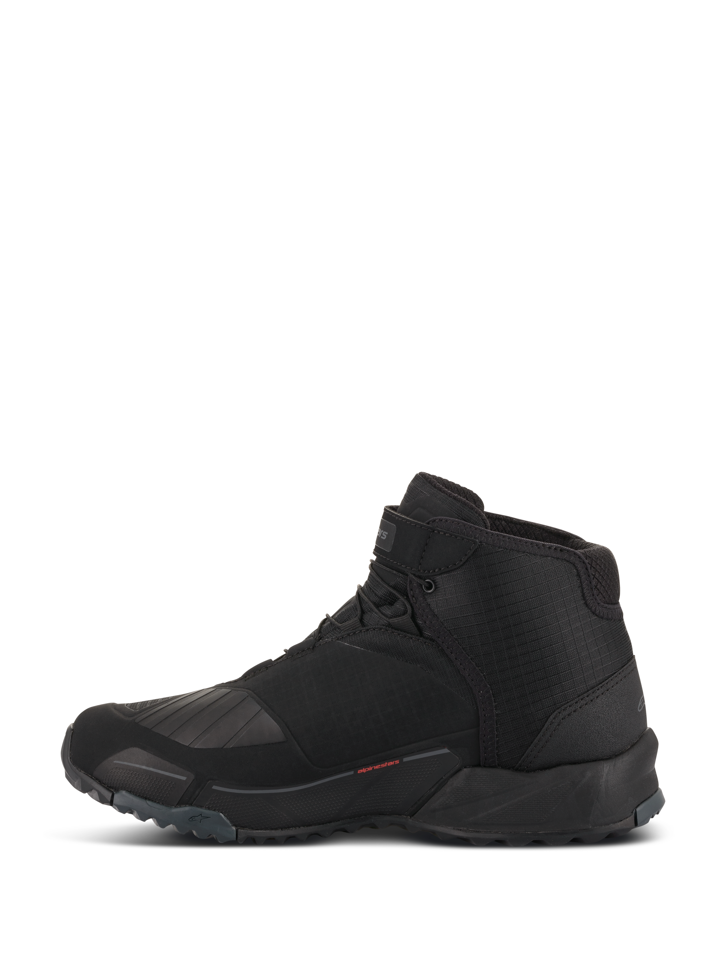 Alpinestars CR-X Drystar Riding Shoes, sapatos de motociclismo, pretos, vista de perfil lateral, design de cano alto com silhueta de sapatilha de corrida, com zona de mudança de velocidades em TPU reforçado, sola com relevos para aderência e construção impermeável para condução urbana e de estrada.