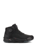 Alpinestars CR-X Drystar Riding Shoes, calçado de motociclismo preto, vista de perfil lateral, sapatos de condução urbanos impermeáveis, fecho de atacadores com tira superior, sola de borracha texturizada espessa, design desportivo com a marca Alpinestars