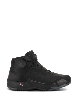 Alpinestars CR-X Drystar Riding Shoes, Black motorcycle footwear, side profile view, waterproof urban riding shoe, lace-up closure with top strap, thick textured rubber sole, sporty design with Alpinestars branding