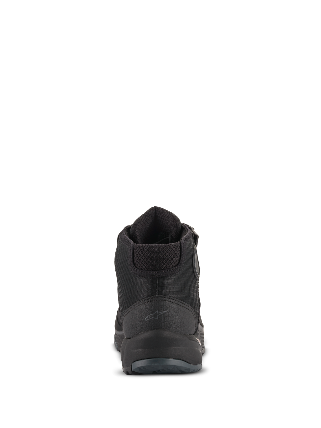 Sapatos de Condução Alpinestars CR-X Drystar®, vista traseira, pretos, com um logótipo Astars subtil no calcanhar, gola do tornozelo acolchoada e contraforte do calcanhar texturizado, calçado de motociclismo impermeável para uso em estrada e urbano