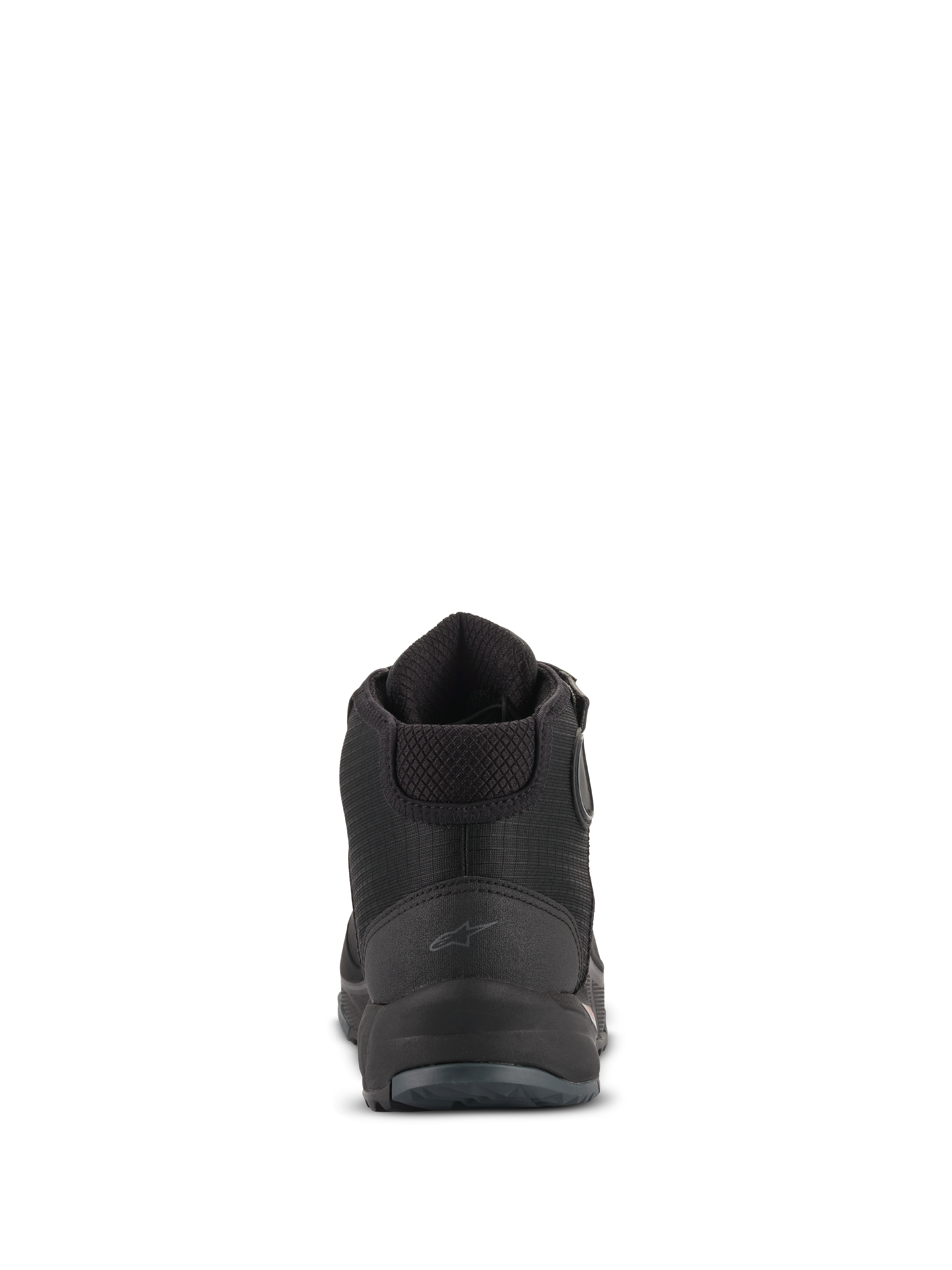 Sapatos de Condução Alpinestars CR-X Drystar®, vista traseira, pretos, com um logótipo Astars subtil no calcanhar, gola do tornozelo acolchoada e contraforte do calcanhar texturizado, calçado de motociclismo impermeável para uso em estrada e urbano