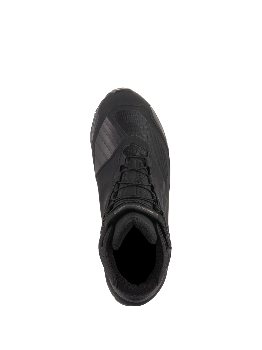 Sapatos de Condução Alpinestars CR-X Drystar®, Pretos, vista superior mostrando a construção em tecido técnico, atacadores integrados com tira no tornozelo e zona de mudança de velocidades em TPU, calçado de motociclismo impermeável concebido para conforto durante todo o dia.