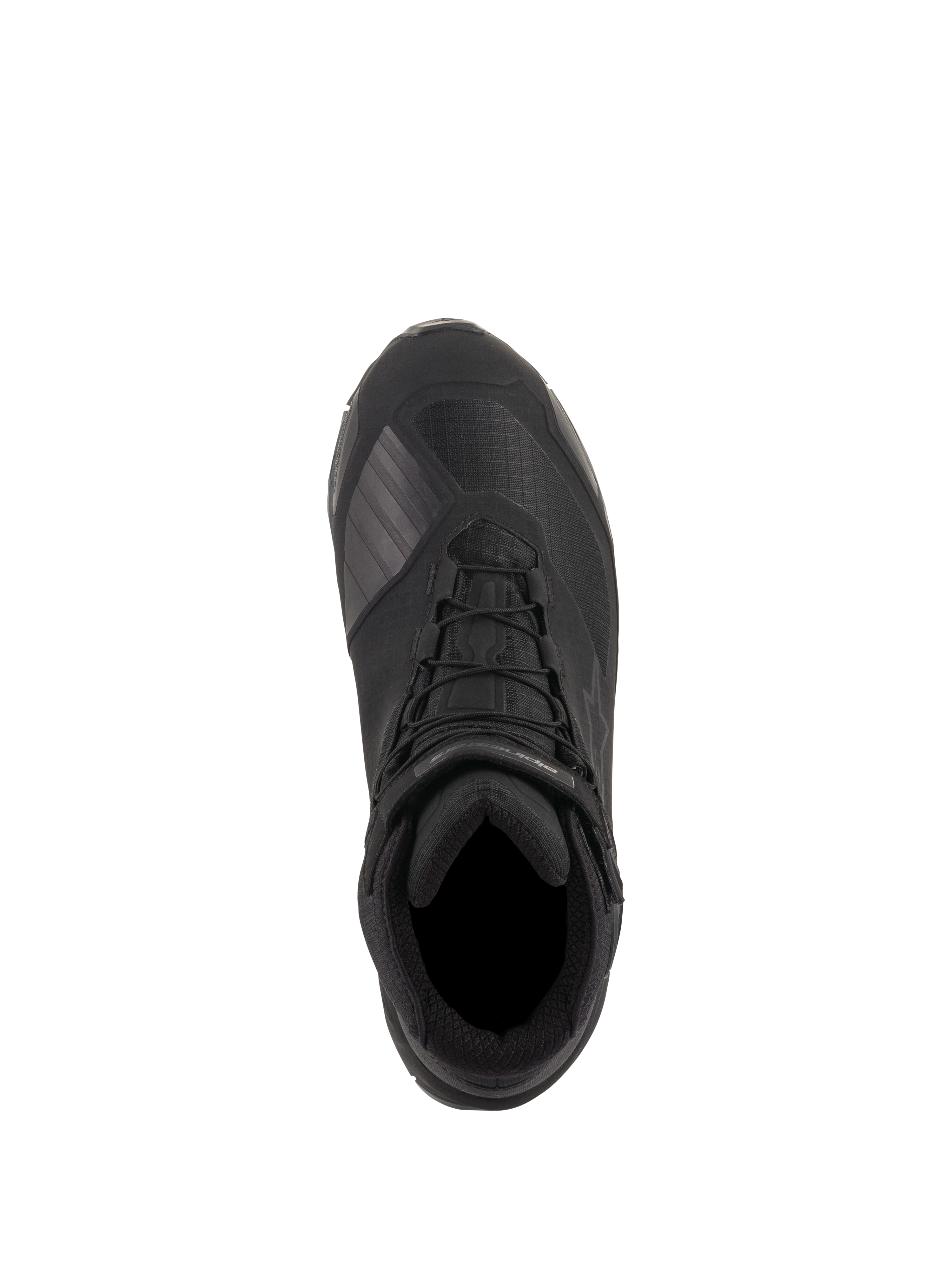 Sapatos de Condução Alpinestars CR-X Drystar®, Pretos, vista superior mostrando a construção em tecido técnico, atacadores integrados com tira no tornozelo e zona de mudança de velocidades em TPU, calçado de motociclismo impermeável concebido para conforto durante todo o dia.