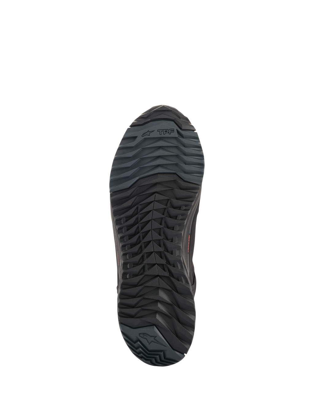 Alpinestars CR-X Drystar® Riding Shoes, sapatos de motociclismo pretos, vista inferior da sola exterior mostrando a configuração assimétrica dos pinos, composto de borracha resistente ao óleo e marca Alpinestars.