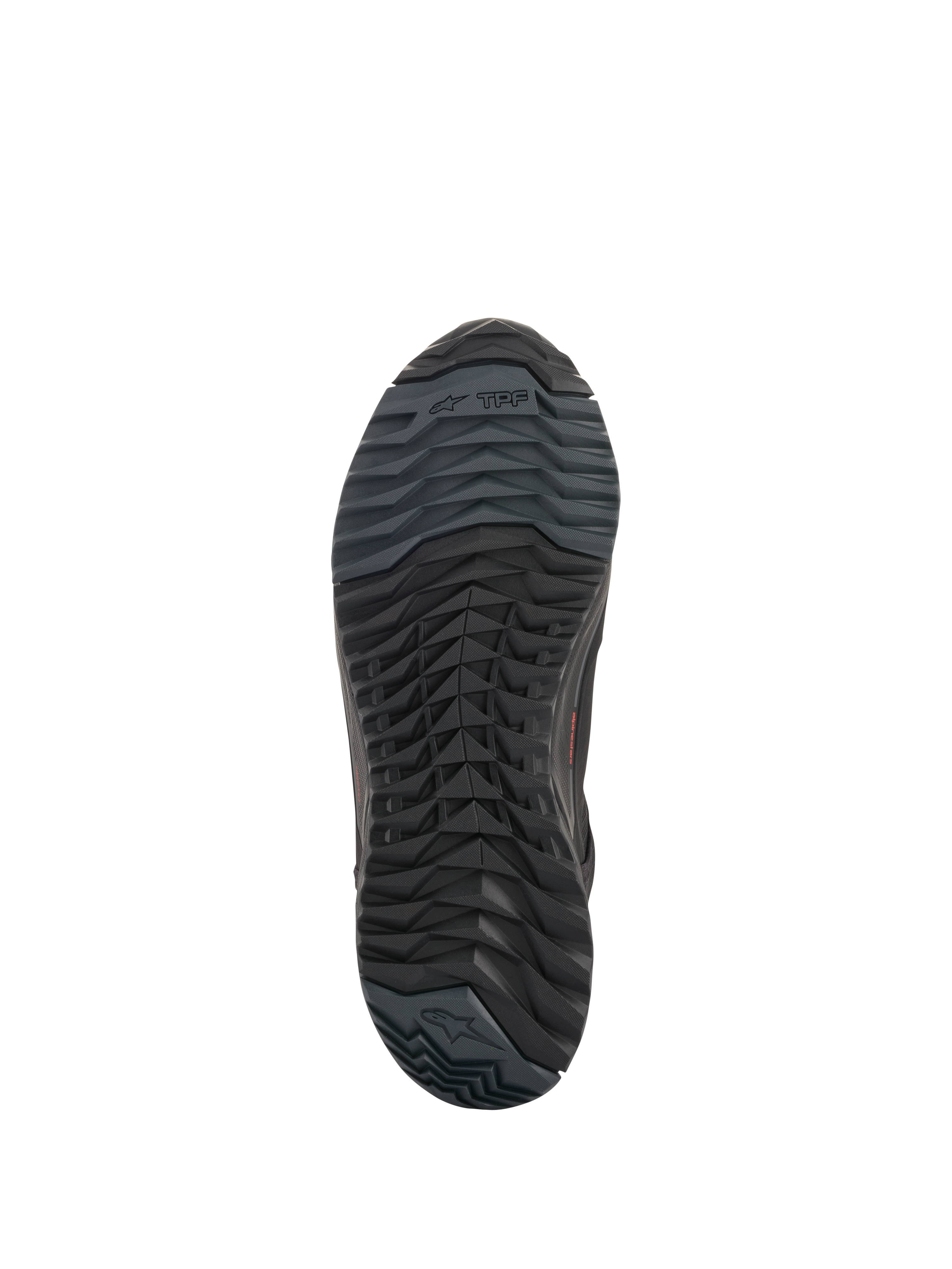 Alpinestars CR-X Drystar® Riding Shoes, sapatos de motociclismo pretos, vista inferior da sola exterior mostrando a configuração assimétrica dos pinos, composto de borracha resistente ao óleo e marca Alpinestars.