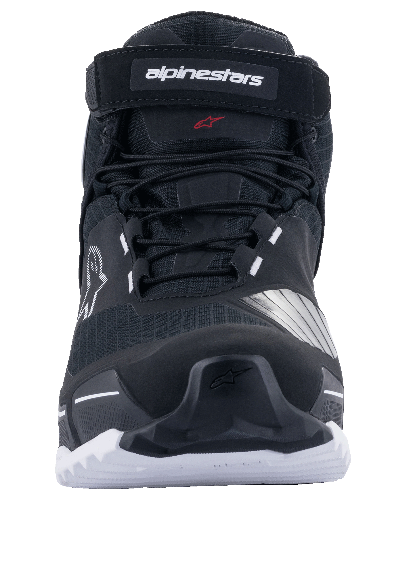 Alpinestars CR-X Drystar® Riding Shoes, Motorcycle Riding Shoes, Black and White, front view showing laces and Alpinestars branded top strap, white sole with rugged grip, athletic running shoe-inspired design for road and adventure riding