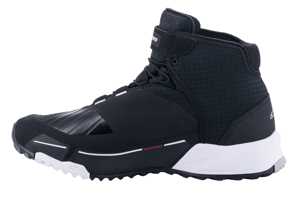 Alpinestars CR-X Drystar® Riding Shoes, Motorcycle Riding Shoes, Black and White, side profile featuring a running-shoe inspired design with a waterproof textile upper, white EVA midsole, and reinforced gear shift area on the toe.