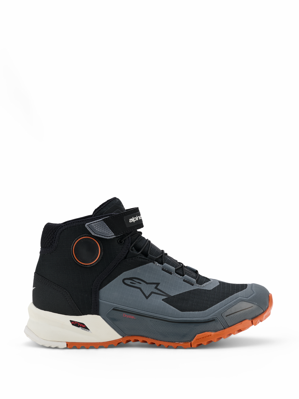 Sapatilhas de Condução Alpinestars CR-X Drystar, sapatilhas de motociclismo, preto, cinzento escuro e ferrugem, com um design de cano alto e tira de velcro no tornozelo, membrana impermeável Drystar, entressola branca e sola exterior robusta em laranja brilhante