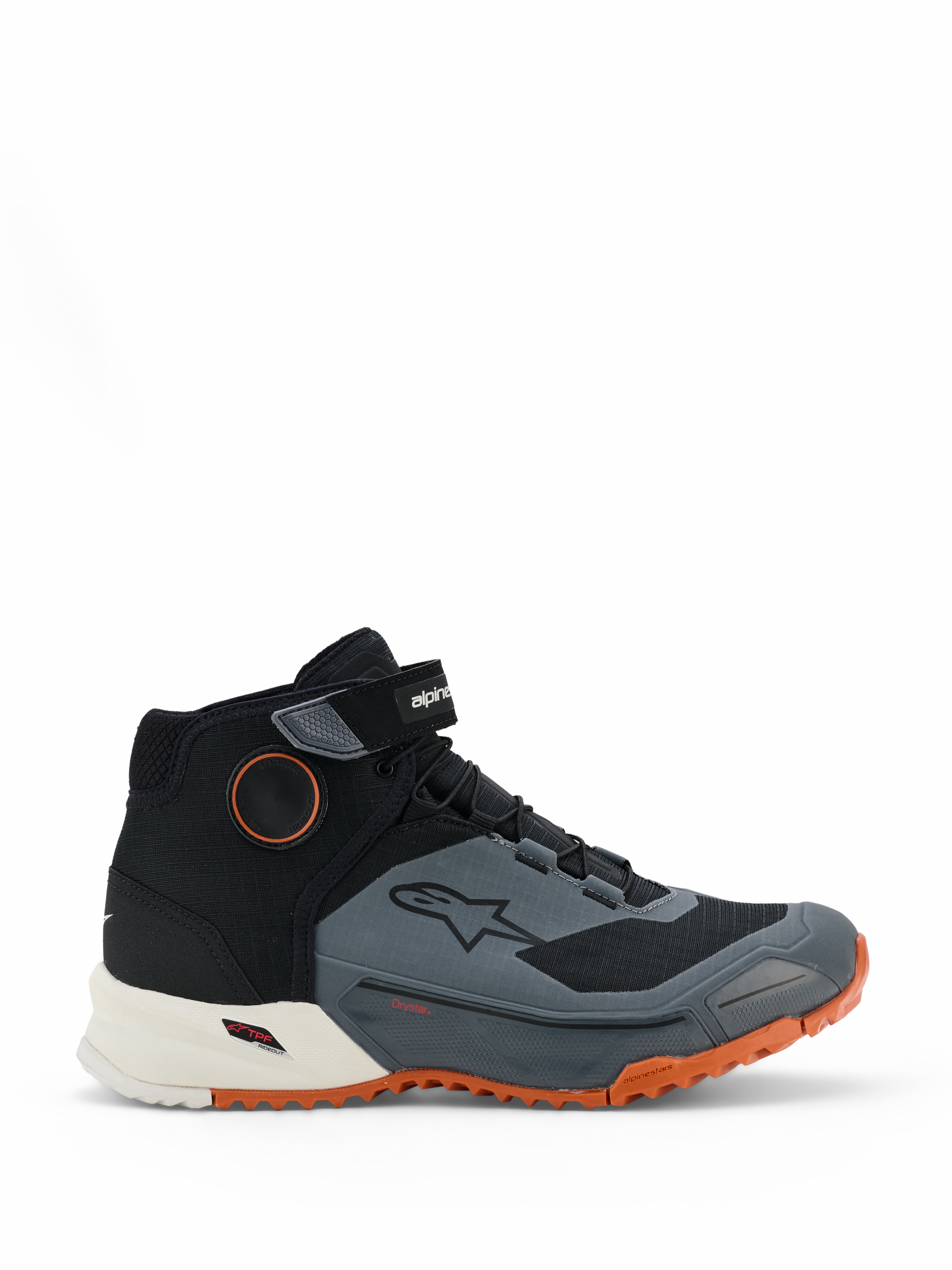 Sapatilhas de Condução Alpinestars CR-X Drystar, sapatilhas de motociclismo, preto, cinzento escuro e ferrugem, com um design de cano alto e tira de velcro no tornozelo, membrana impermeável Drystar, entressola branca e sola exterior robusta em laranja brilhante