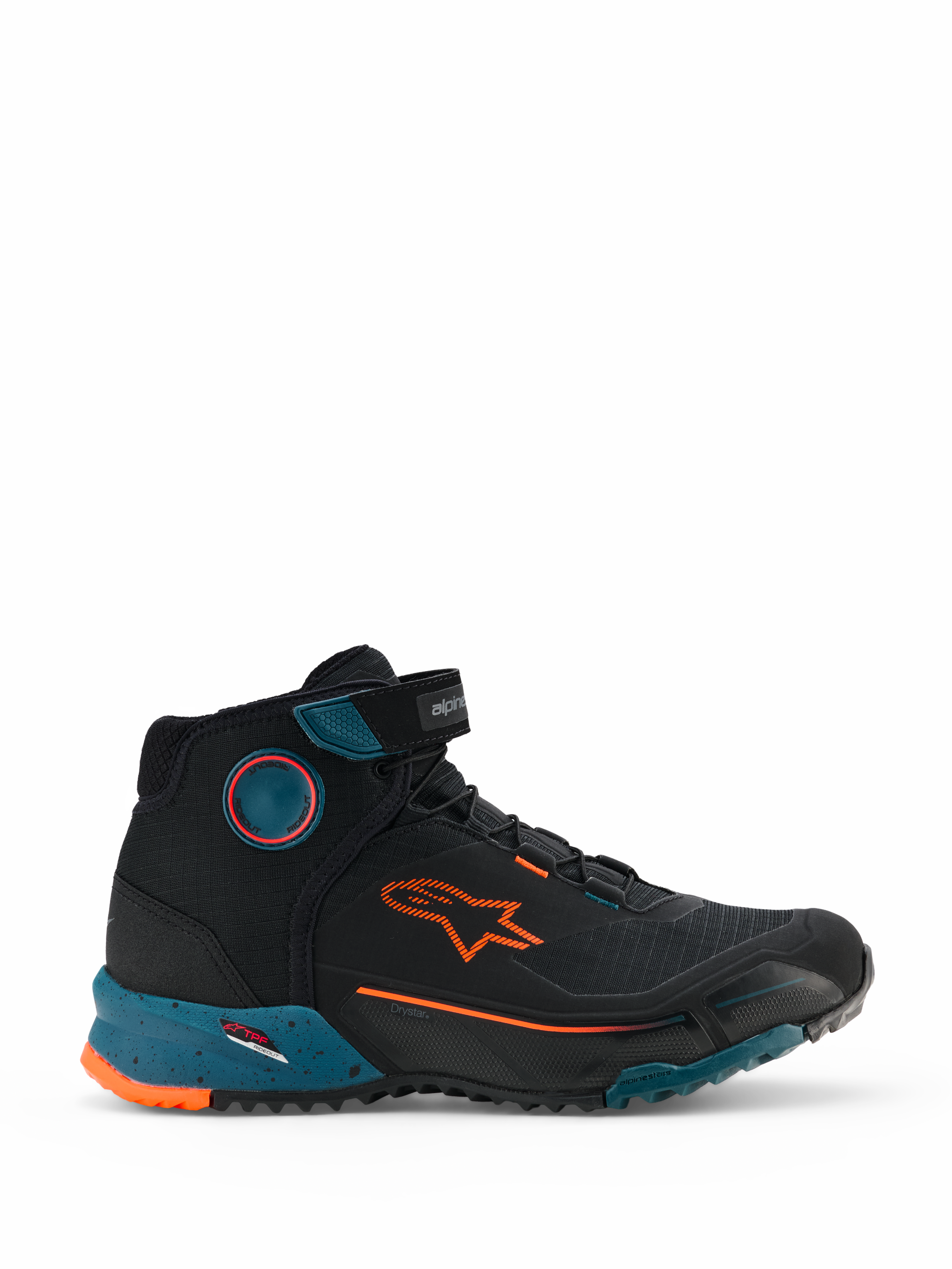 Sapatos de Condução Alpinestars CR-X Drystar, sapatos de motociclismo urbanos, Preto Petrol e Laranja Fluo, design de cano alto tipo sapatilha com logótipo Alpinestars laranja, entressola salpicada em azul-petróleo e construção impermeável robusta.