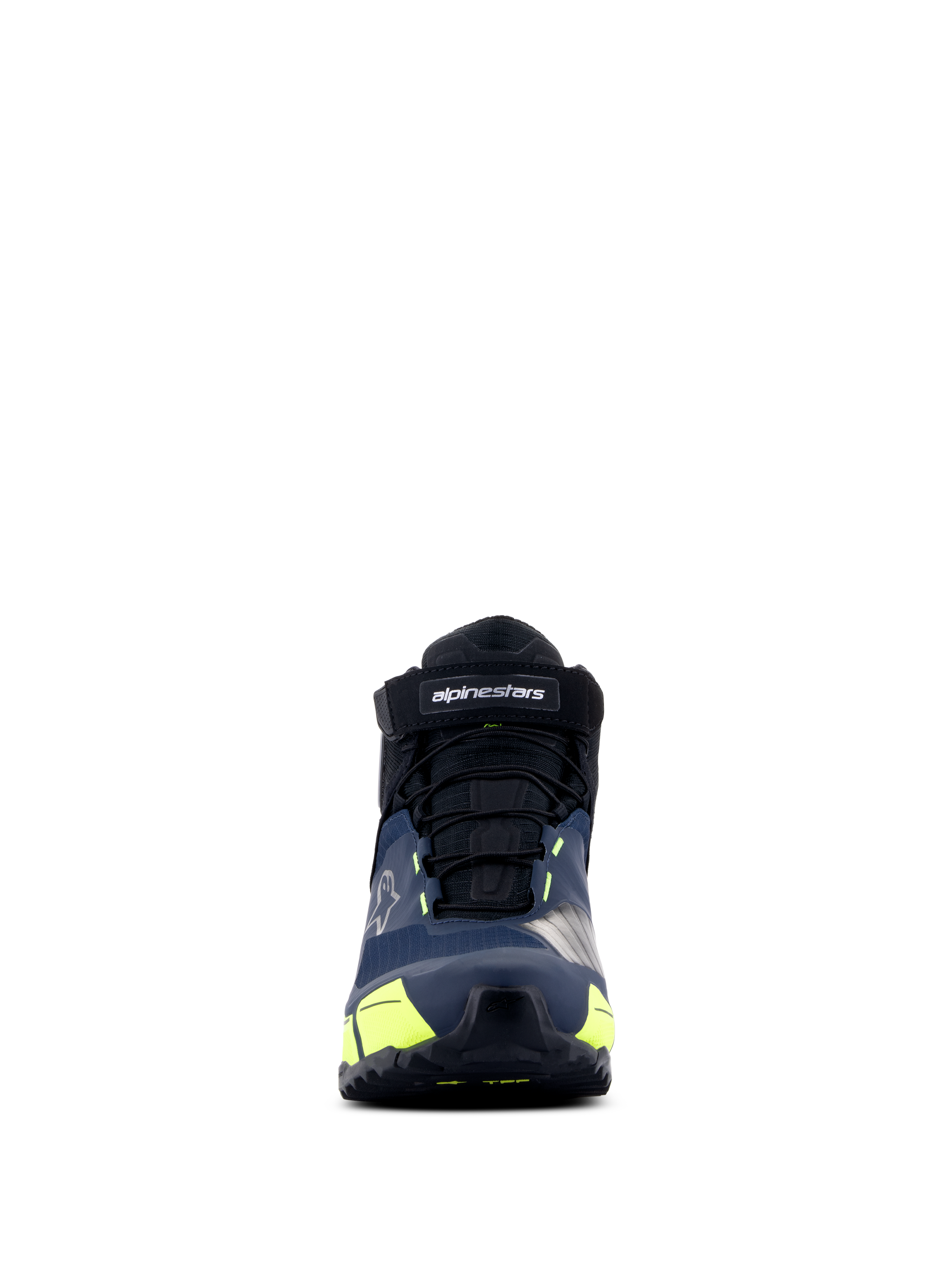 Alpinestars CR-X Drystar® Riding Shoes, Motorcycle Riding Shoes, Black Dark Blue and Yellow Fluo, front view, featuring a velcro strap with alpinestars branding, black laces, and vibrant yellow accents, athletic-inspired design for all-day comfort.