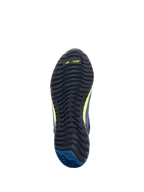 Alpinestars CR-X Drystar® Riding Shoes, Outsole view, Black with Yellow Fluo TPF branding and Dark Blue heel, rugged textured tread for traction and all-day walking comfort