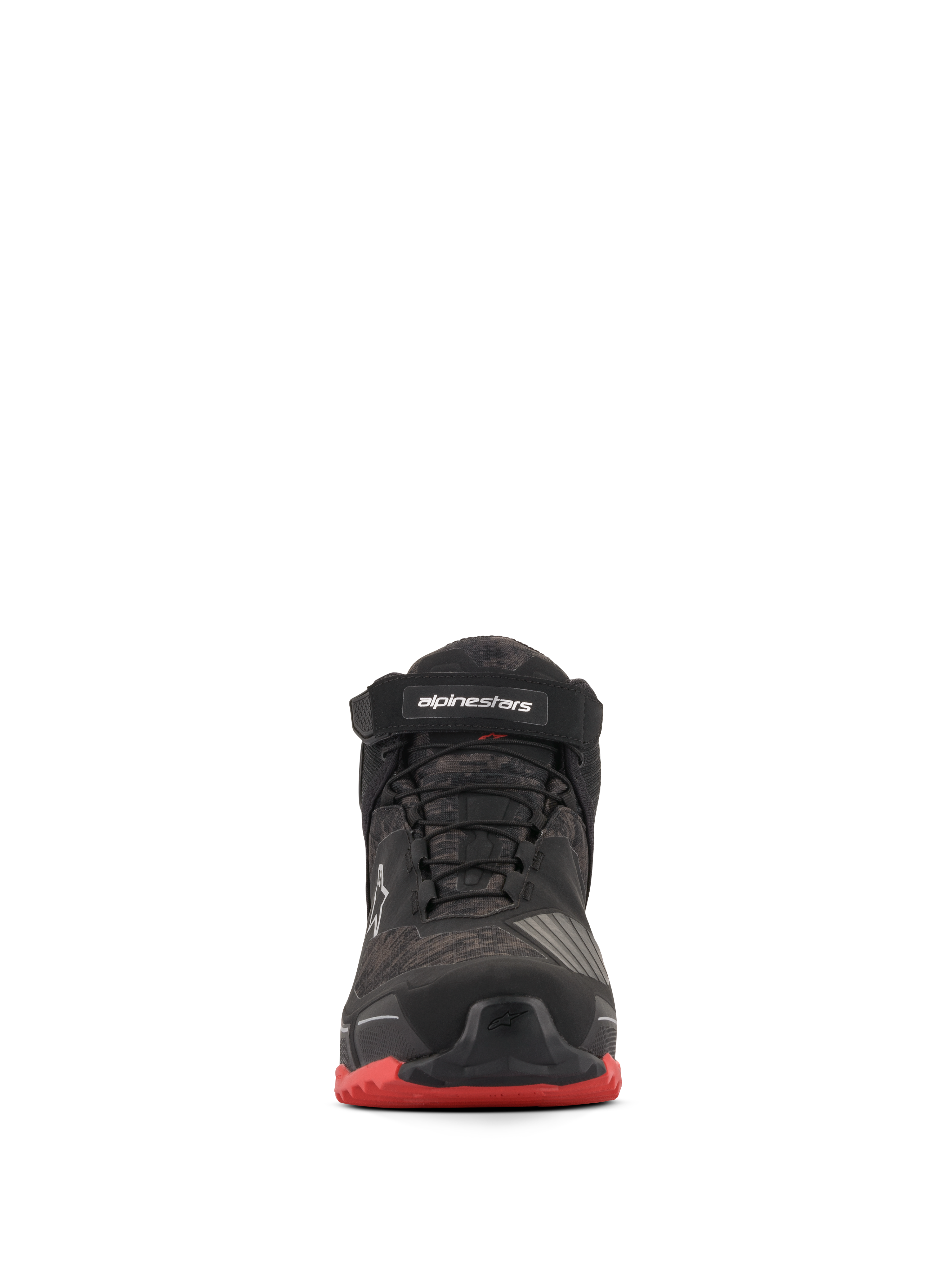 Alpinestars CR-X Drystar® Riding Shoes, Motorcycle Riding Shoes, Black Camo Red, front view featuring camouflage pattern, black ankle strap with white branding, black laces, and red outsole accents.