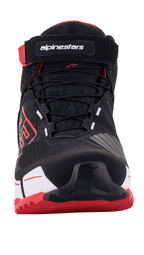 Alpinestars MM93 CR-X Drystar® Riding Shoes, Motorcycle Riding Shoes, Black Red and White, front view showing lacing system and Velcro strap with branding, red outsole and MM93 logo on the side, sporty protective footwear