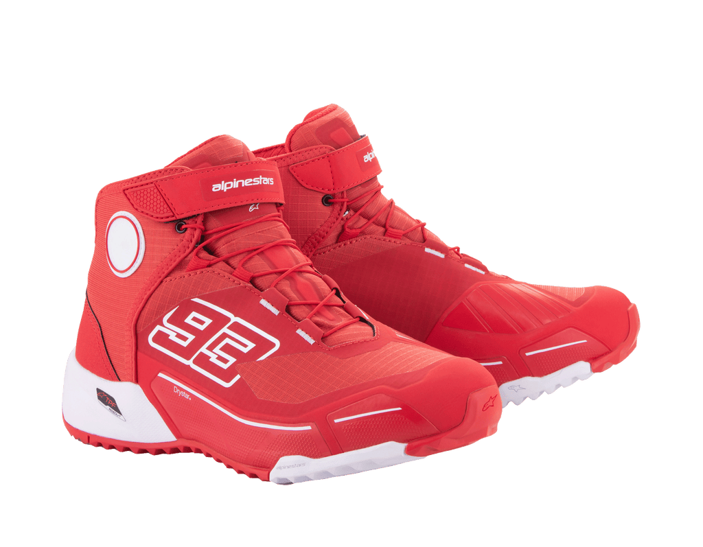 Alpinestars MM93 CR-X Drystar® Riding Shoes, Bright Red and White, side view, featuring '93' graphic on the side, Alpinestars logo on the strap, white technical sole, and a running-shoe-inspired silhouette for motorcycle riding