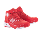 Alpinestars MM93 CR-X Drystar® Riding Shoes, Bright Red and White, side view, featuring '93' graphic on the side, Alpinestars logo on the strap, white technical sole, and a running-shoe-inspired silhouette for motorcycle riding