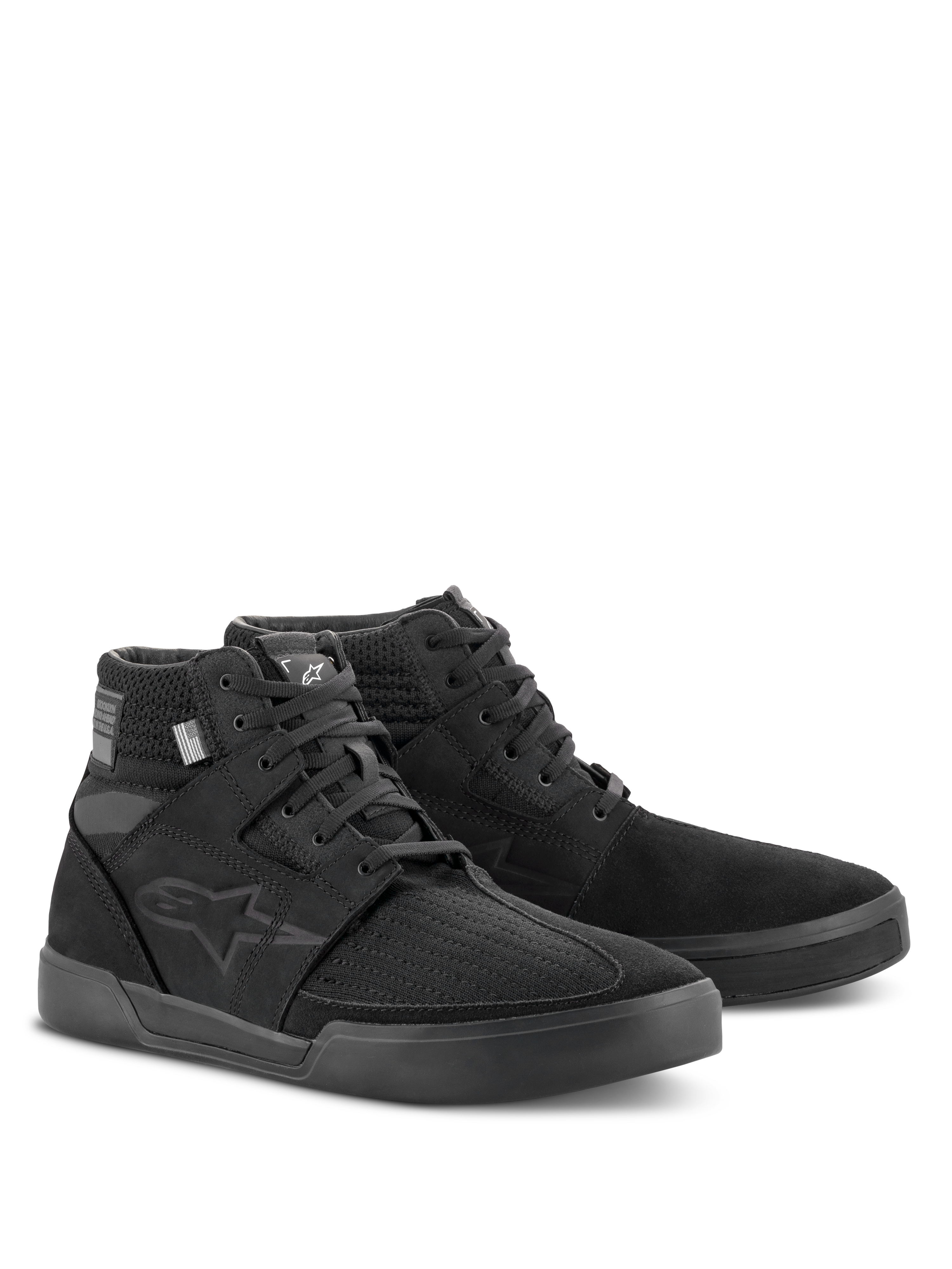 Alpinestars Primer Riding Shoes, Black Black, high-top motorcycle riding footwear, casual urban design with mixed textile and suede construction, featuring tonal Astars logo on the side, designed for protection and off-bike comfort