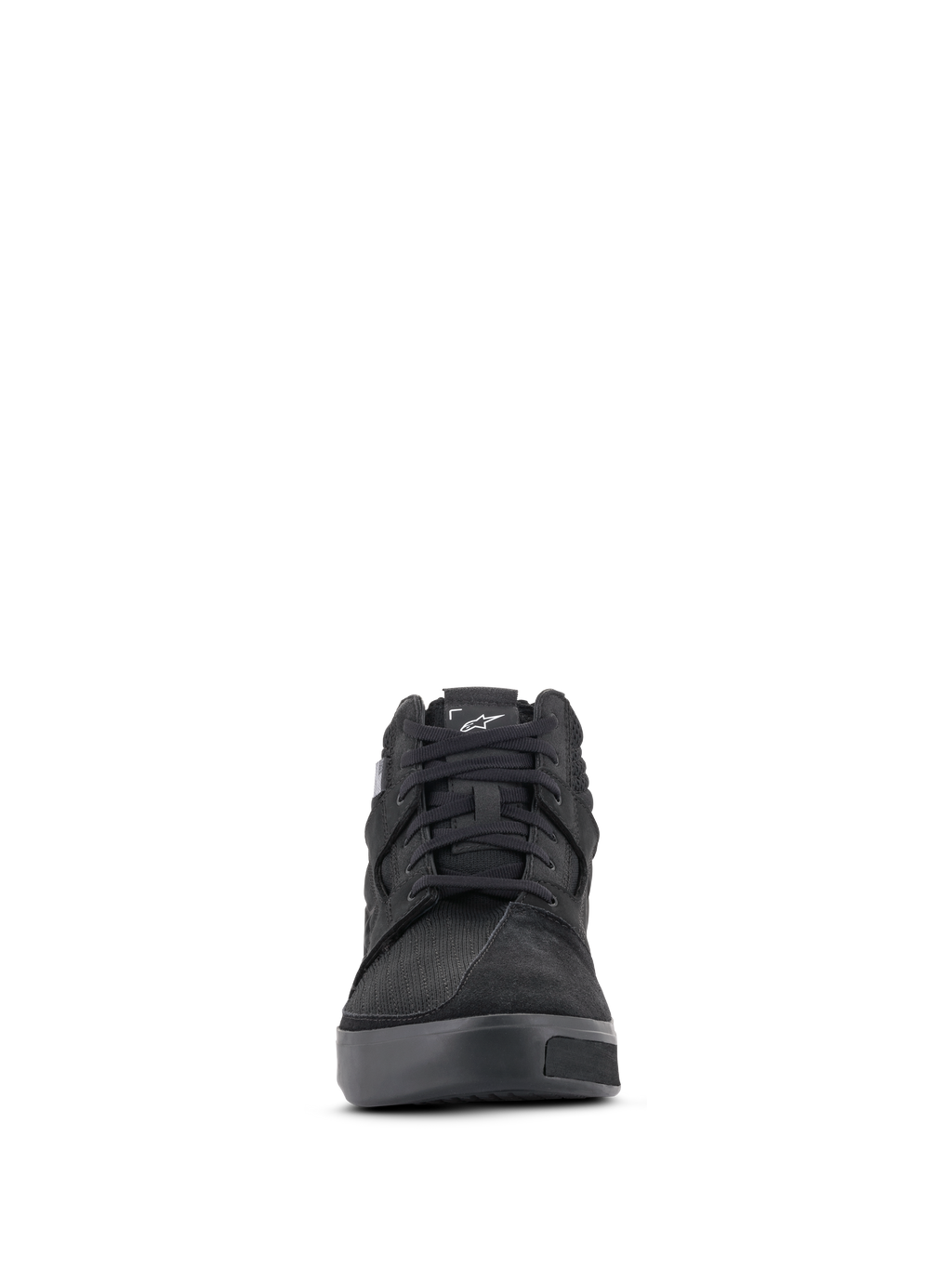 Alpinestars Primer Riding Shoes, Black, Front view of casual urban motorcycle footwear featuring a suede and textile upper, black laces, and a white Astar logo on the tongue.