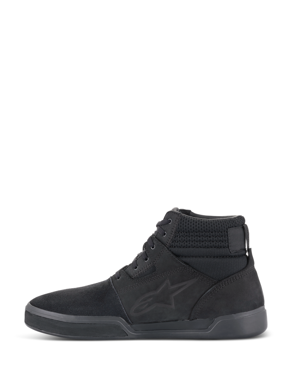 Alpinestars Primer Riding Shoes, Motorcycle Riding Shoes, Black Black, side profile, casual high-top sneaker design with Alpinestars logo, textured collar, and flat sole