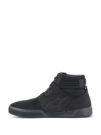 Alpinestars Primer Riding Shoes, Motorcycle Riding Shoes, Black Black, side profile, casual high-top sneaker design with Alpinestars logo, textured collar, and flat sole