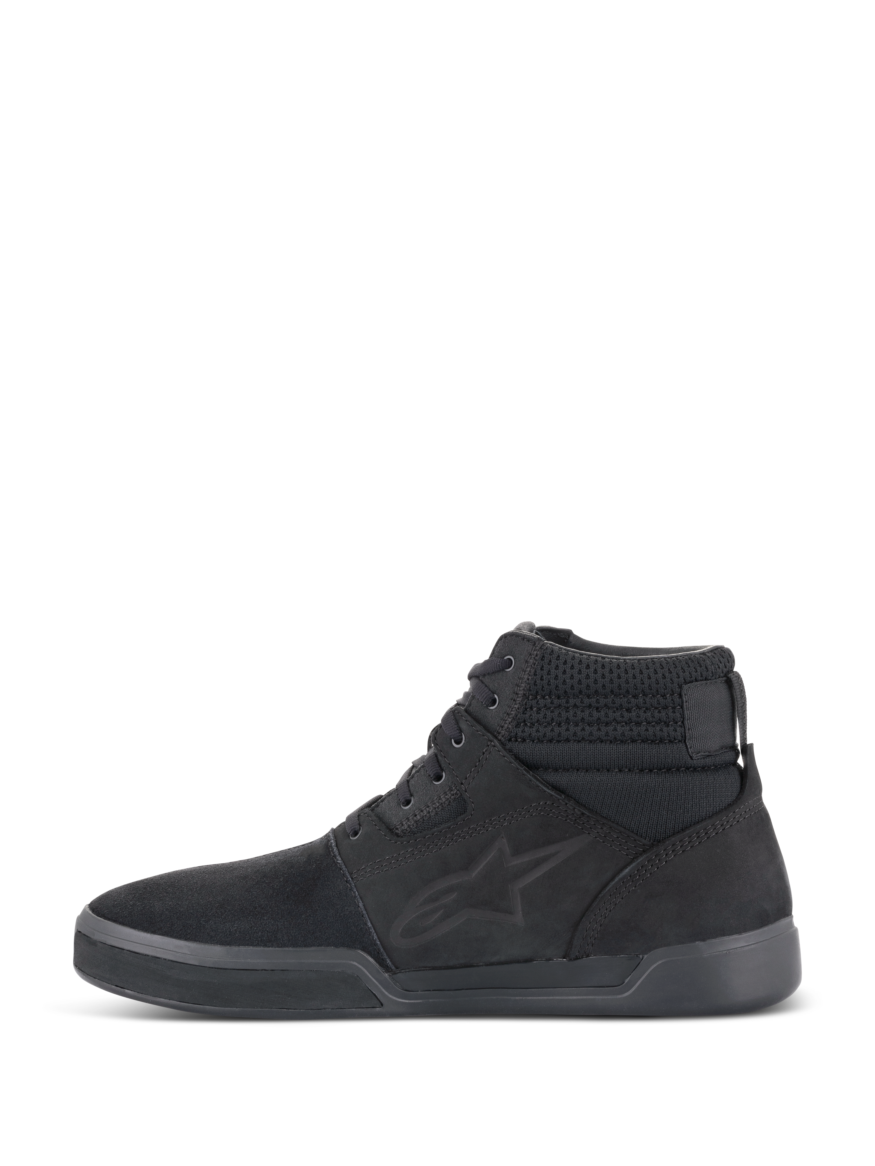 Alpinestars Primer Riding Shoes, Motorcycle Riding Shoes, Black Black, side profile, casual high-top sneaker design with Alpinestars logo, textured collar, and flat sole