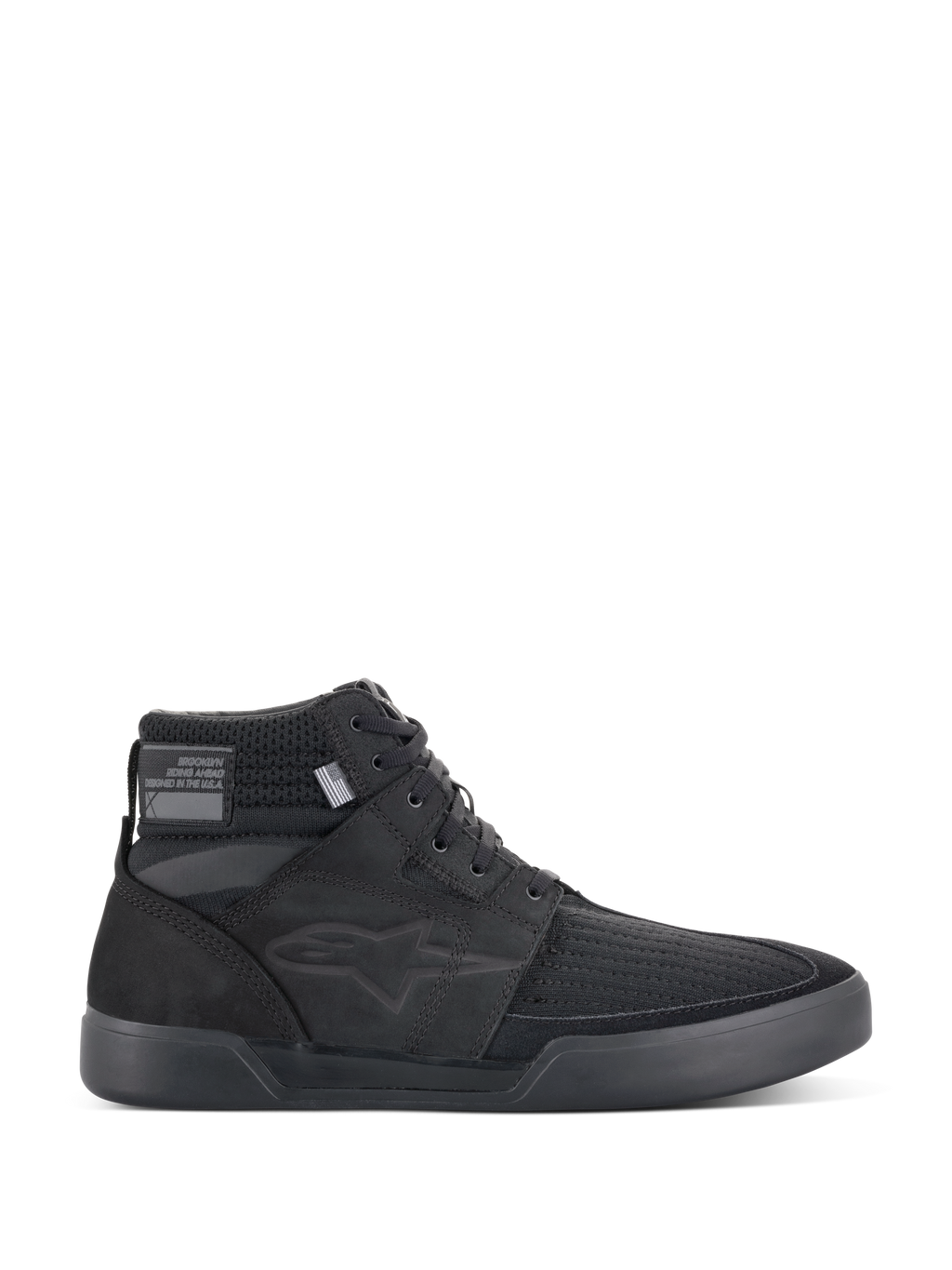 Alpinestars Primer Riding Shoes, Black Motorcycle Sneakers, High-Top Urban Riding Footwear, profile view, textured mesh upper, thick rubber sole, modern sporty design with a subtle star logo