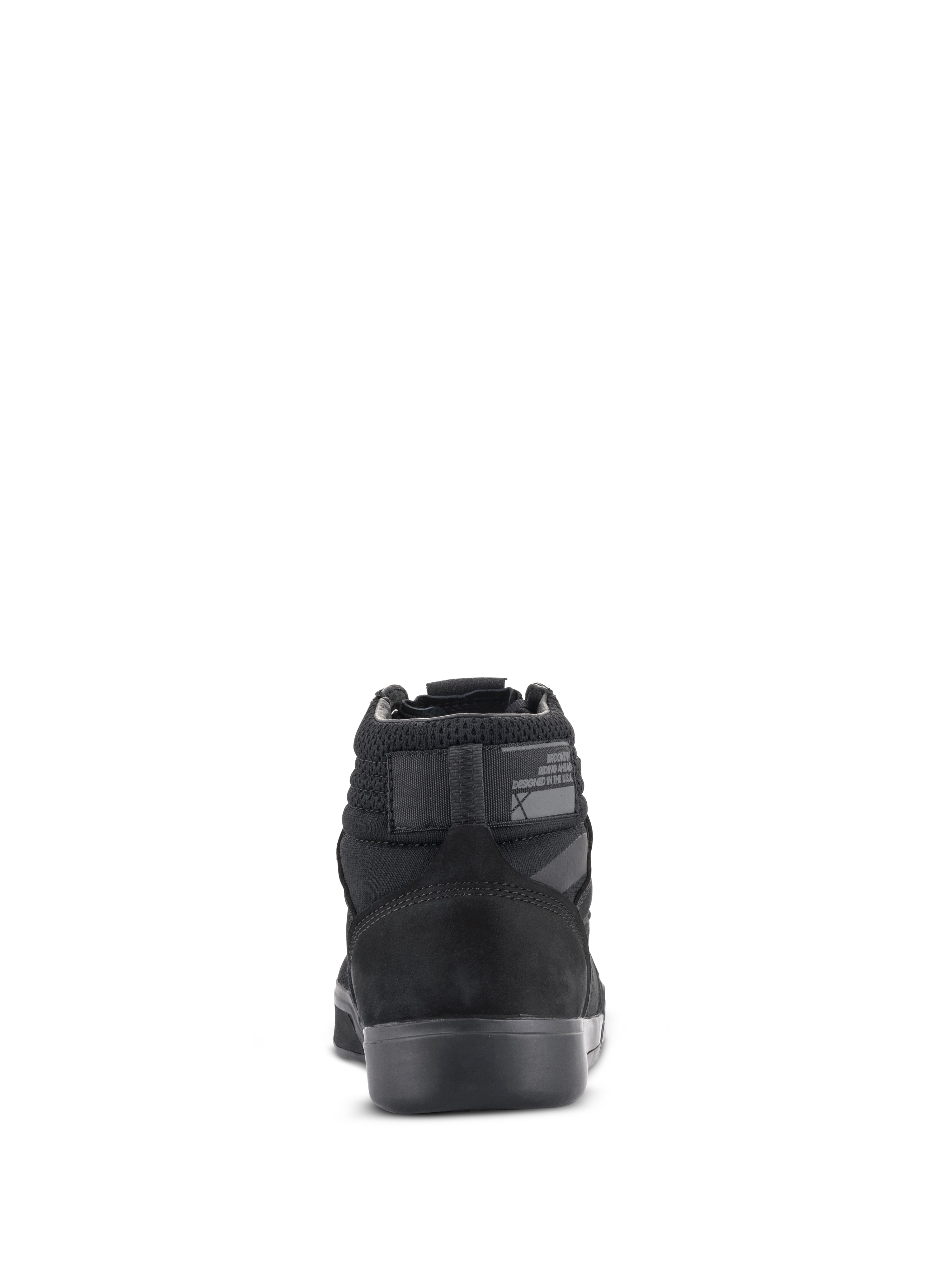 Alpinestars Primer Riding Shoes, Black on Black, rear view showing reinforced heel, mesh collar, and rubber sole, protective urban motorcycle footwear