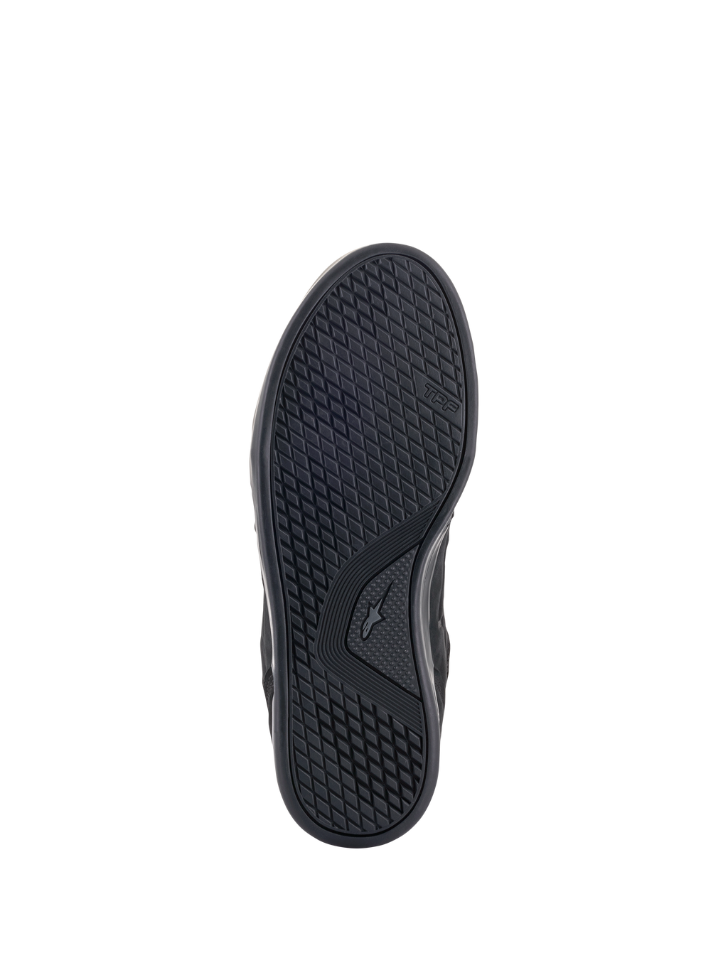 Alpinestars Primer Riding Shoes, Outsole View, Black, featuring an oil-resistant dual rubber compound sole with an asymmetric stud pattern for grip and high abrasion resistance, TPF branding visible on the side