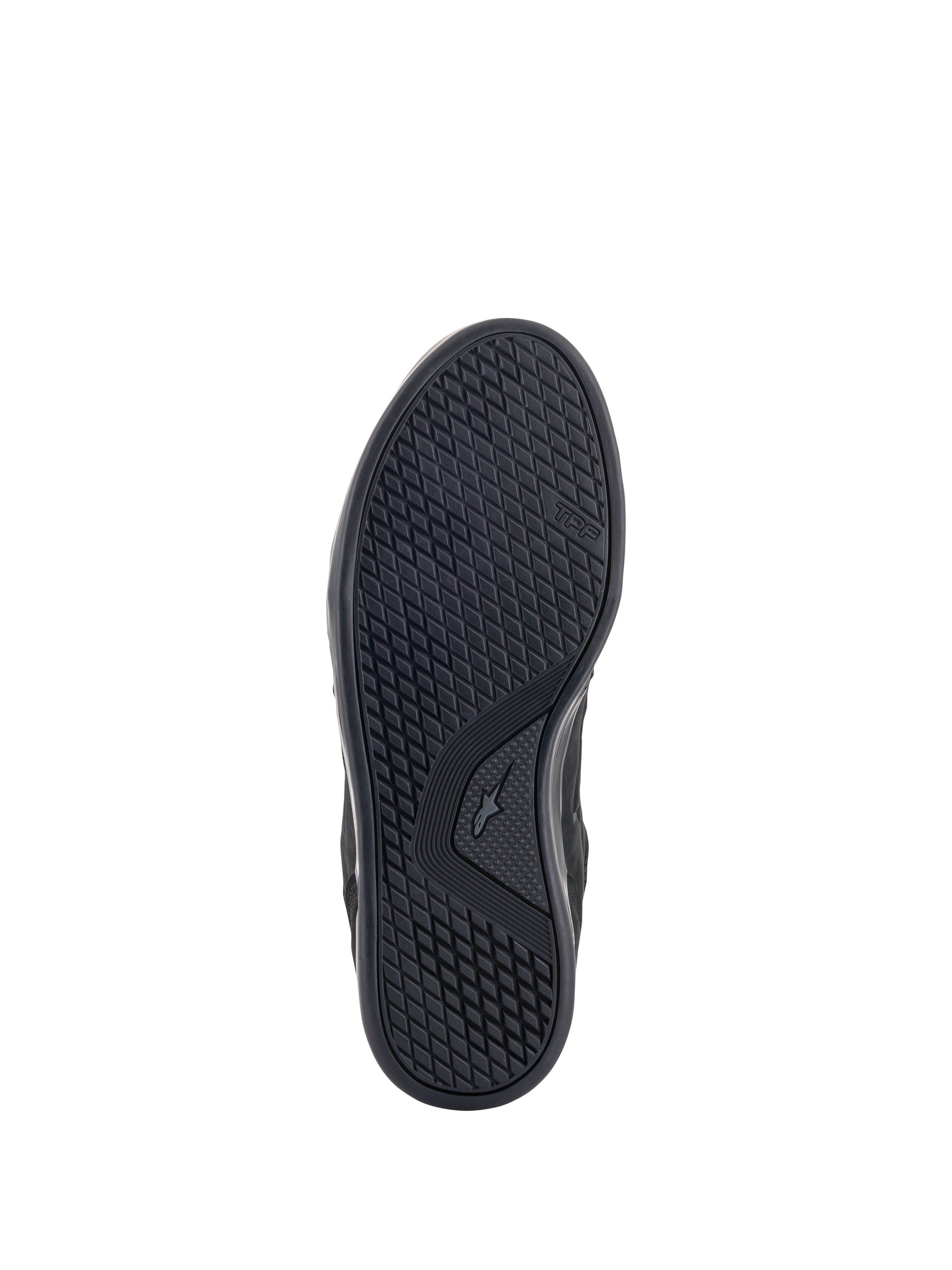 Alpinestars Primer Riding Shoes, Outsole View, Black, featuring an oil-resistant dual rubber compound sole with an asymmetric stud pattern for grip and high abrasion resistance, TPF branding visible on the side