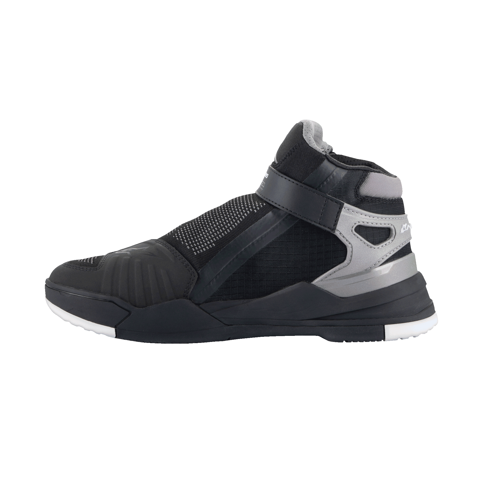 Alpinestars Speedflight Street Shoes, urban motorcycle riding shoes, Black and Gun Metal, side profile view featuring mesh upper, TPU reinforcements, and lateral strap closure, sporty sneaker-inspired design