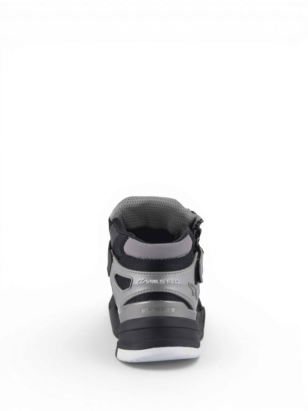 Alpinestars Sapatos Speedflight Street, sapatos de moto urbanos pretos e gun metal, vista traseira com discos de tornozelo.