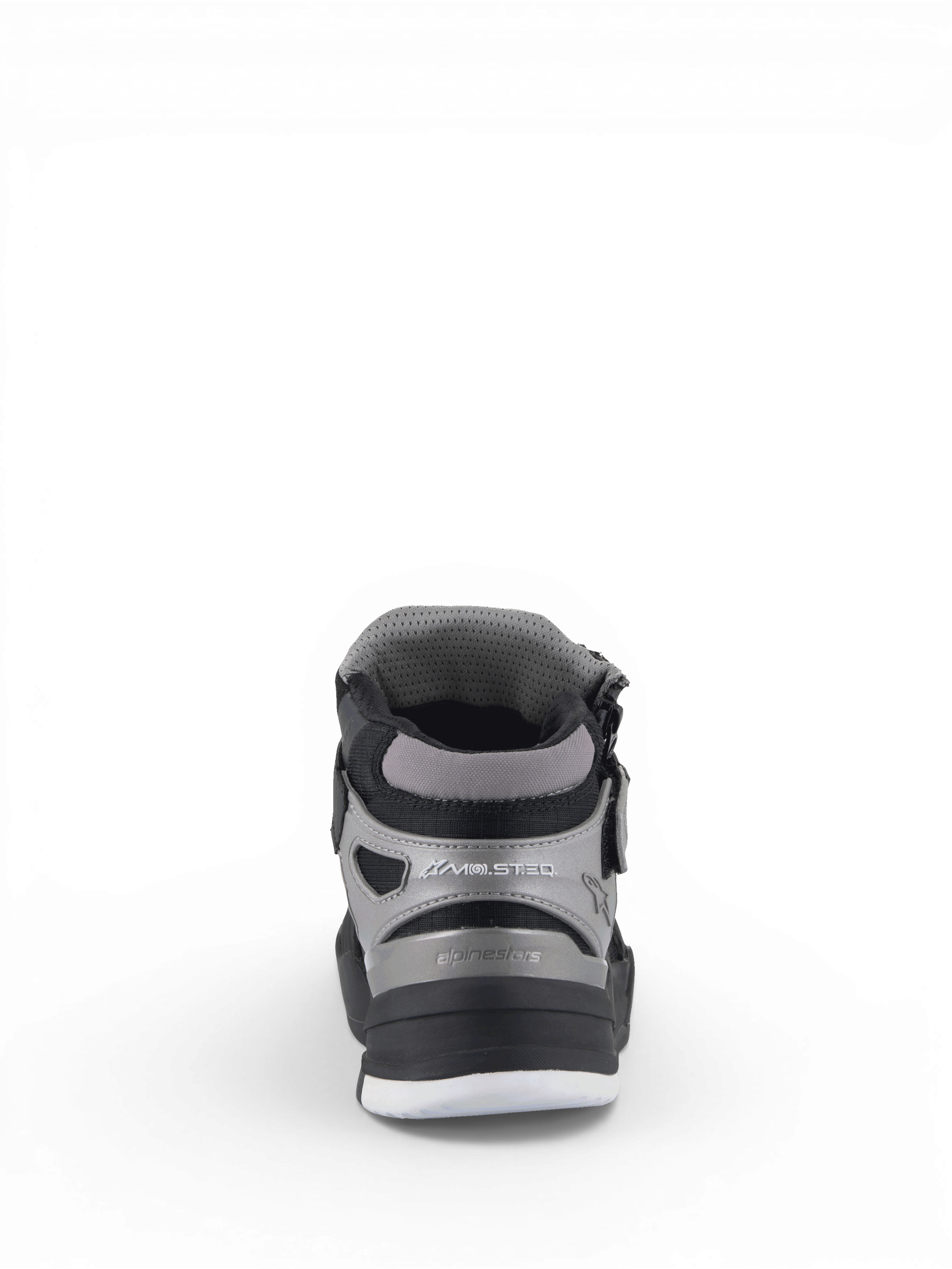 Alpinestars Sapatos Speedflight Street, sapatos de moto urbanos pretos e gun metal, vista traseira com discos de tornozelo.