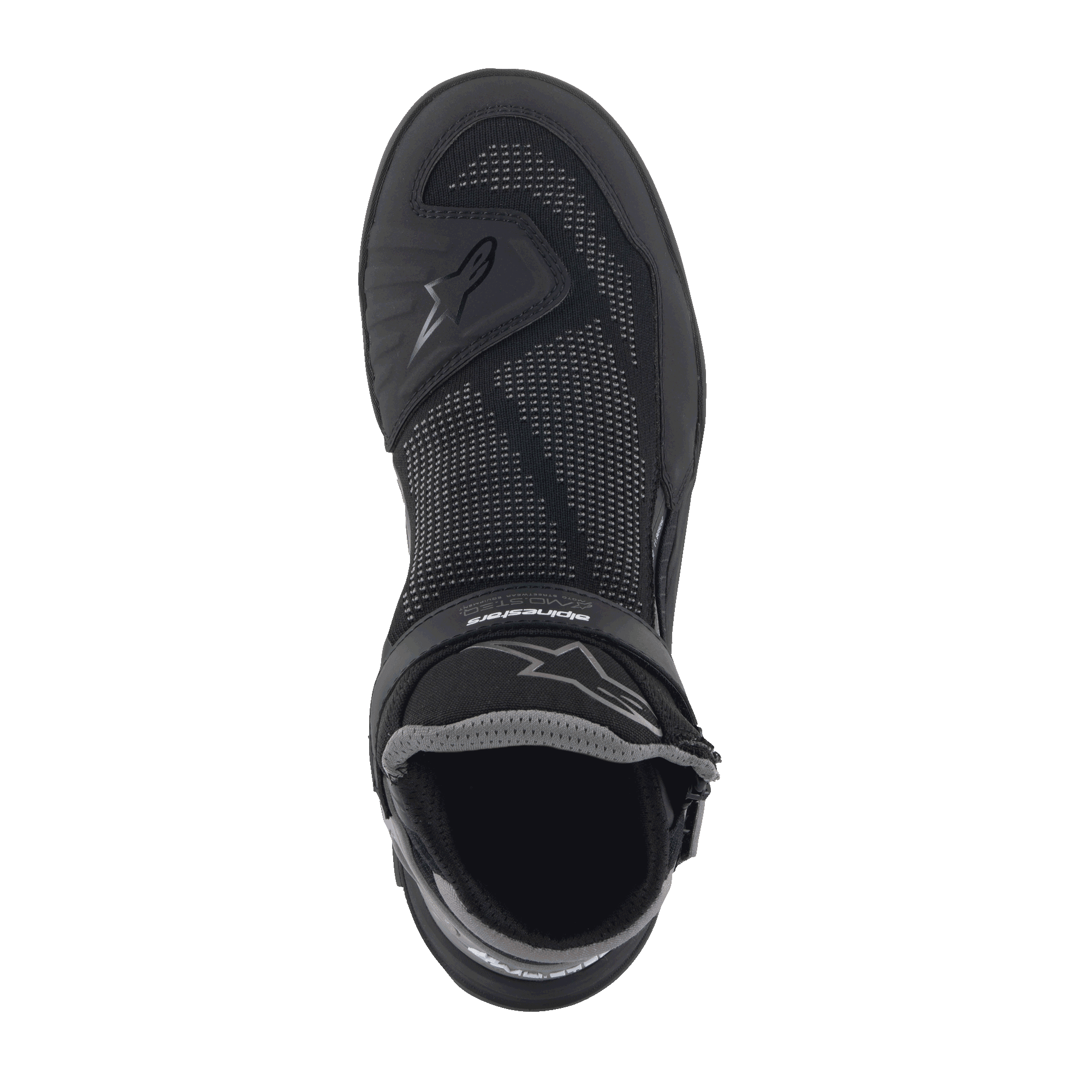 Alpinestars Speedflight Street Shoes, Black Gun Metal, top-down view of a single shoe featuring a mesh upper, TPU reinforcements, and hook-and-loop strap, urban motorcycle riding shoes