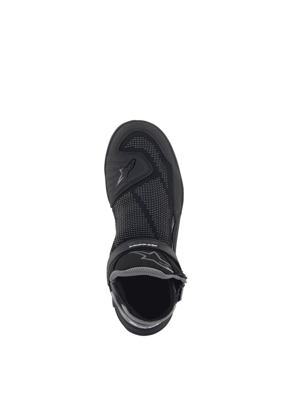 Alpinestars Sapatos Speedflight Street, sapatos de moto urbanos, pretos e cinzentos gun metal, parte superior em malha tricotada com reforços em TPU, vista superior e logótipo.