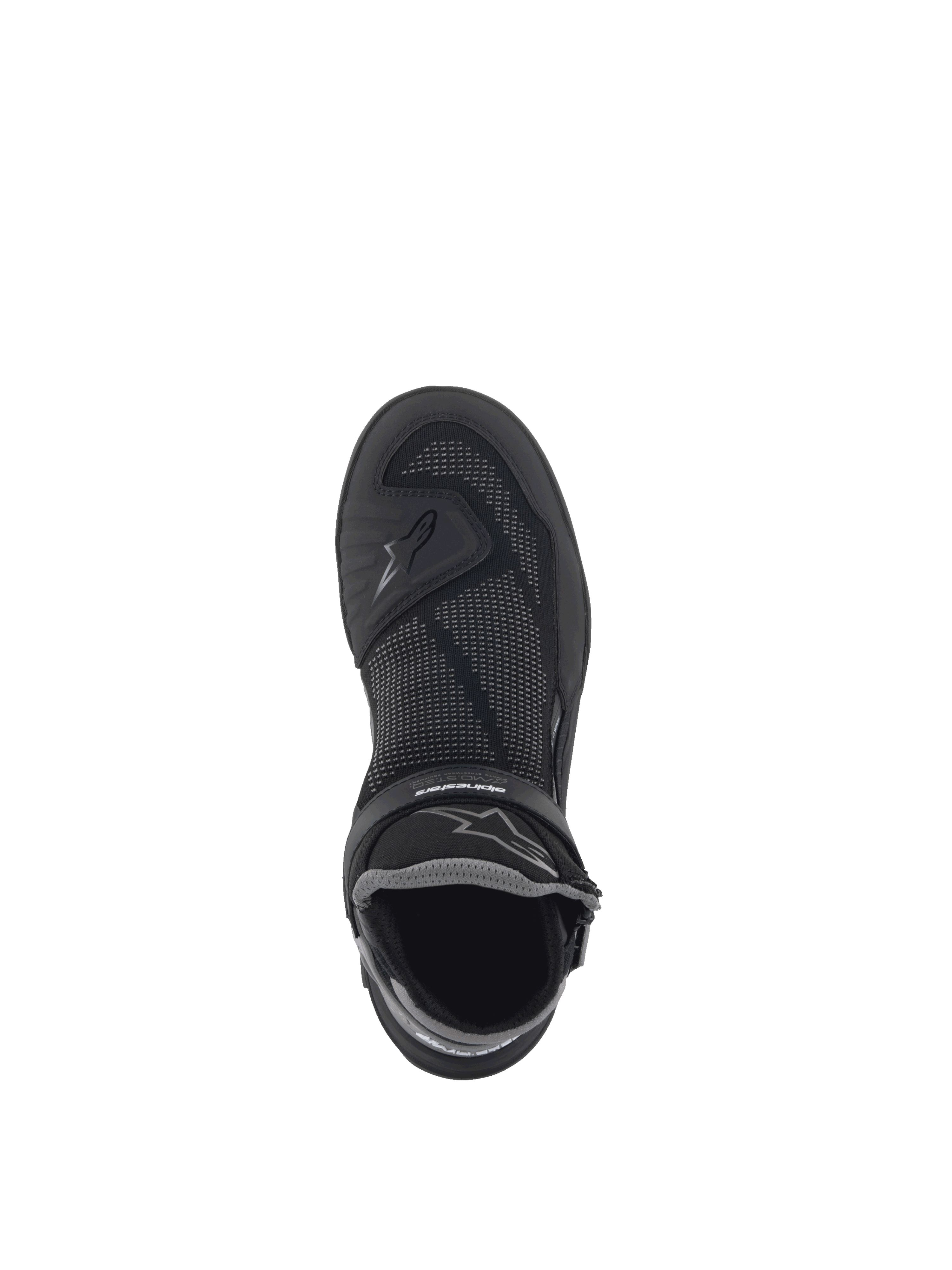 Alpinestars Sapatos Speedflight Street, sapatos de moto urbanos, pretos e cinzentos gun metal, parte superior em malha tricotada com reforços em TPU, vista superior e logótipo.
