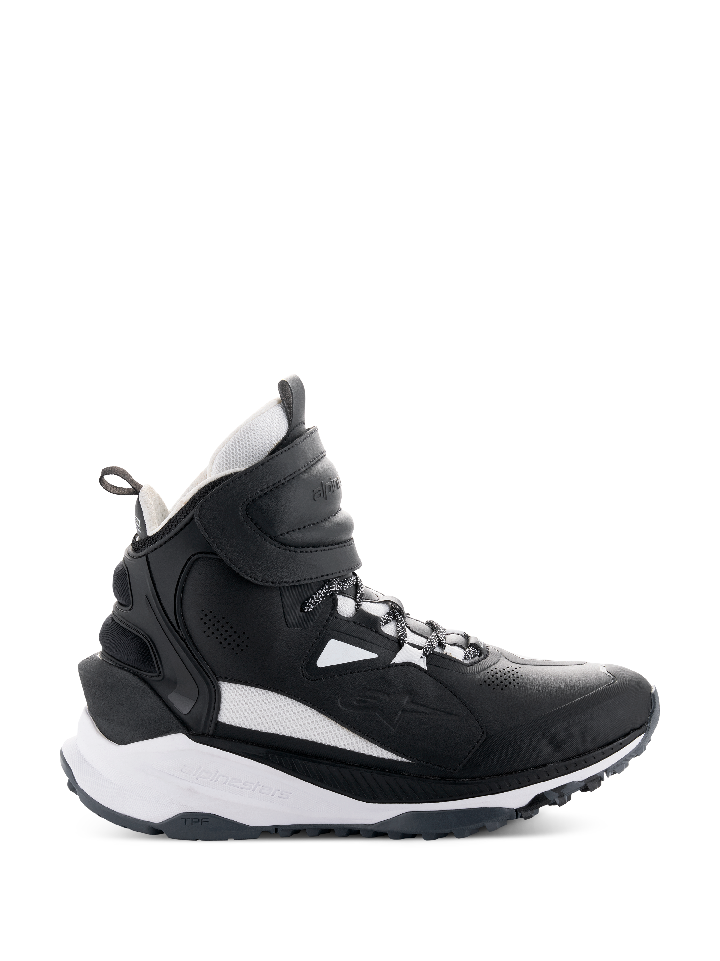Sapatos Alpinestars Speedstreet, sapatilhas de motociclismo de cano alto, pretas e brancas, vista lateral com uma tira larga de velcro no tornozelo, entressola branca espessa com marcas Alpinestars e TPF, e sola de borracha robusta para condução urbana