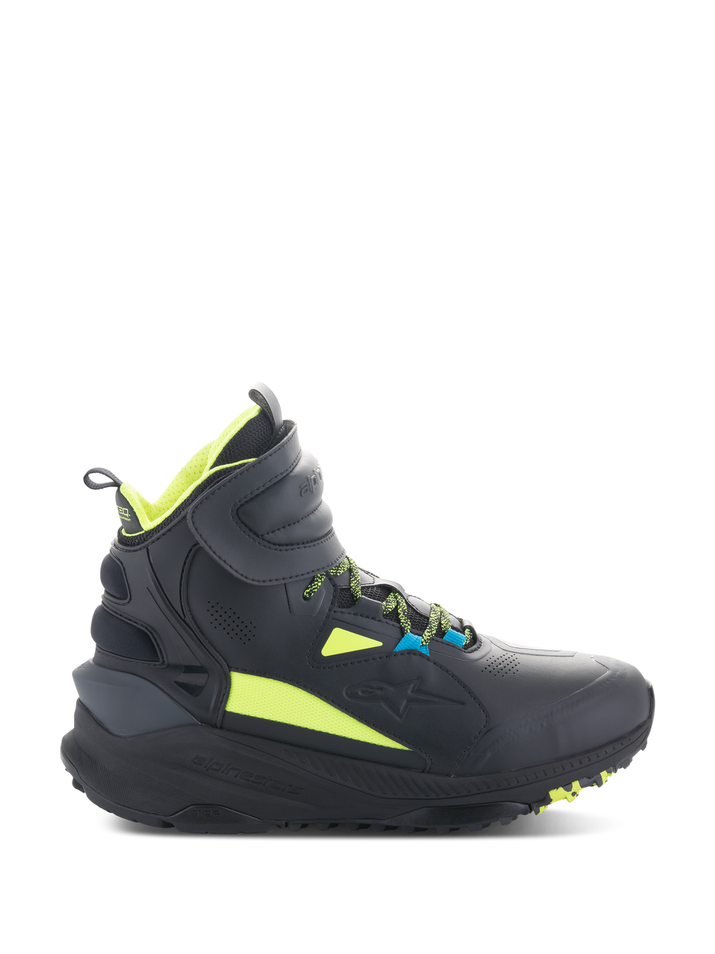 Alpinestars Speedstreet Shoes, sapatilhas de motociclismo de cano alto, pretas com detalhes em amarelo néon e azul, sola texturizada espessa, colarinho acolchoado e design desportivo moderno para condução urbana
