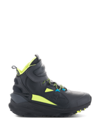 Alpinestars Speedstreet Shoes, sapatilhas de motociclismo de cano alto, pretas com detalhes em amarelo néon e azul, sola texturizada espessa, colarinho acolchoado e design desportivo moderno para condução urbana