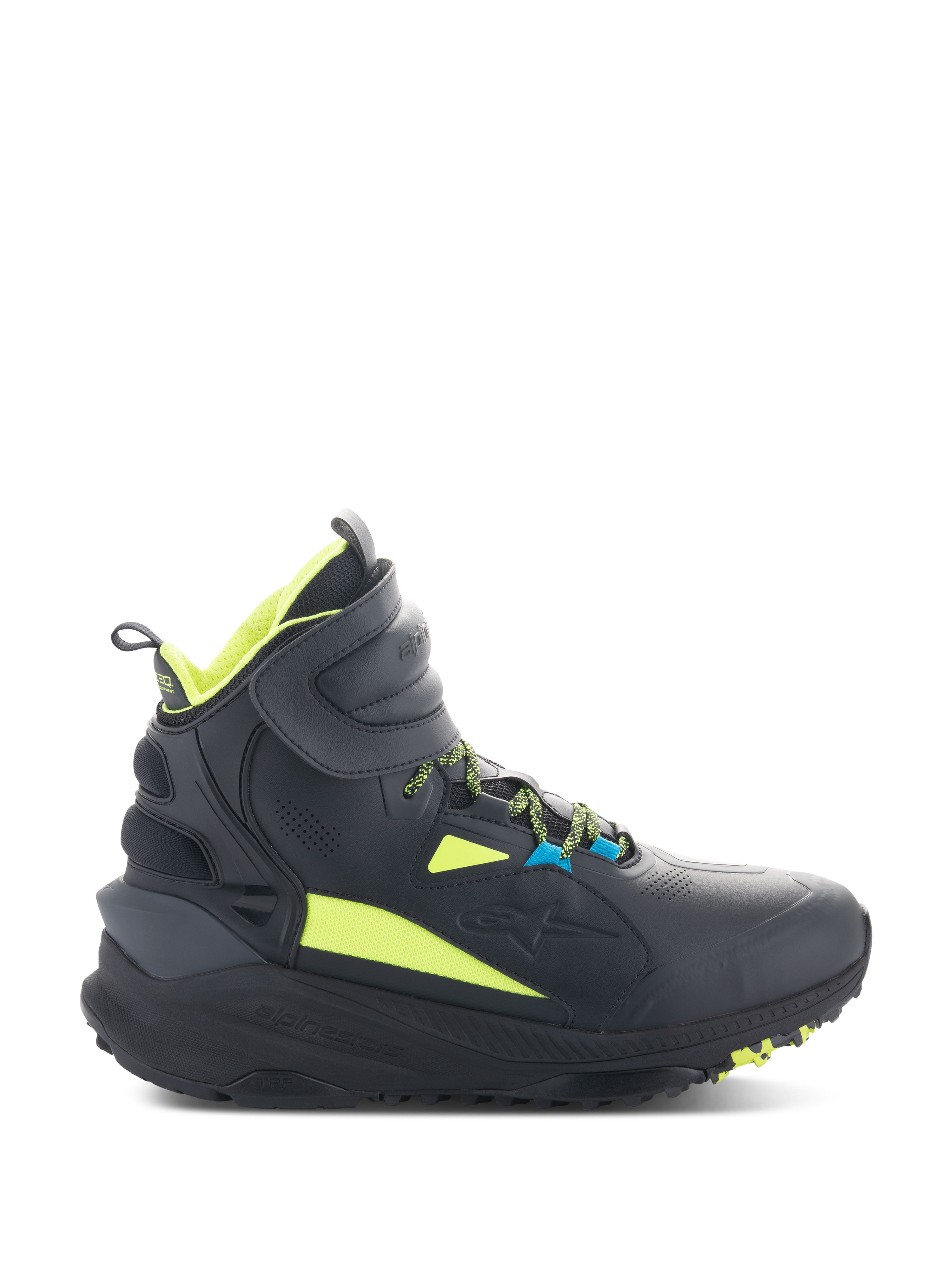 Alpinestars Speedstreet Shoes, sapatilhas de motociclismo de cano alto, pretas com detalhes em amarelo néon e azul, sola texturizada espessa, colarinho acolchoado e design desportivo moderno para condução urbana