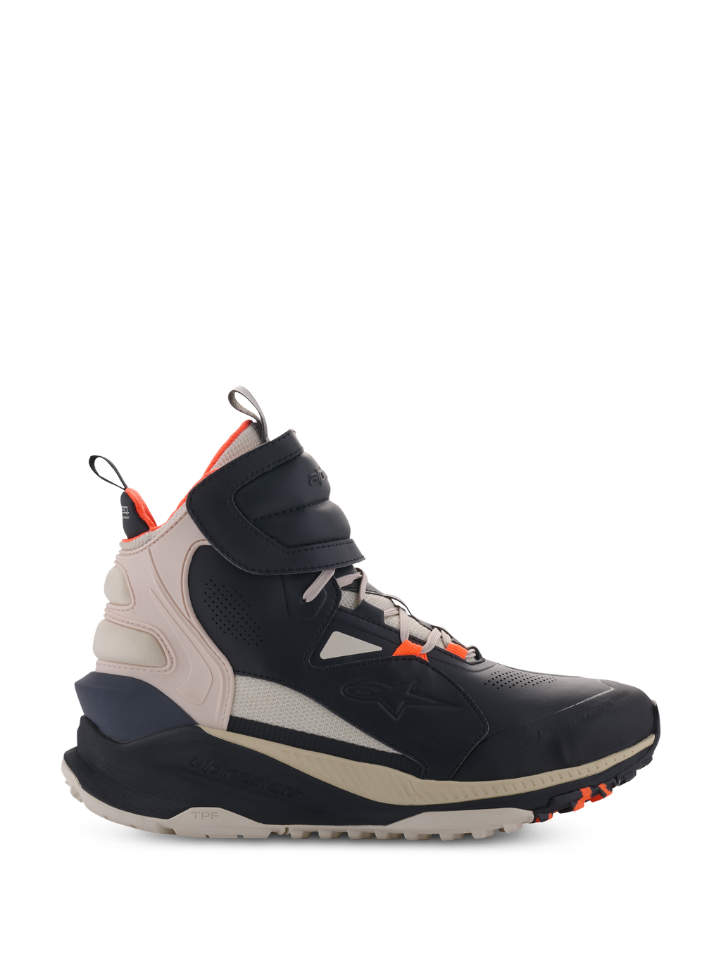 Alpinestars Speedstreet Shoes, sapatilhas de motociclismo de cano alto, preto e amêndoa com pormenores em Hot Orange, parte superior em microfibra de estilo urbano com detalhes perfurados, sola ergonómica espessa, design moderno de condução urbana com tira de velcro
