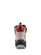 Sapatos Speedstreet Alpinestars, sapatos de motociclismo, preto, amêndoa e laranja vibrante, vista traseira mostrando o contraforte do calcanhar reforçado, painéis de microfibra amêndoa, forro interior laranja brilhante e marca MO.ST.EQ.