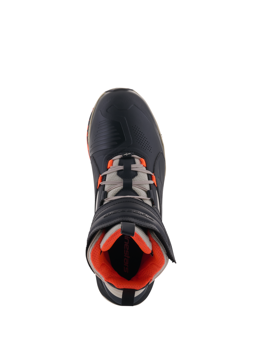 Alpinestars Speedstreet Shoes, sapatos para motociclismo, Black Almond Hot Orange, vista superior mostrando a parte superior em microfibra preta com detalhes cor de laranja, atacadores cinzento amêndoa e tira ergonómica de gancho e laço, design urbano inspirado no desporto motorizado