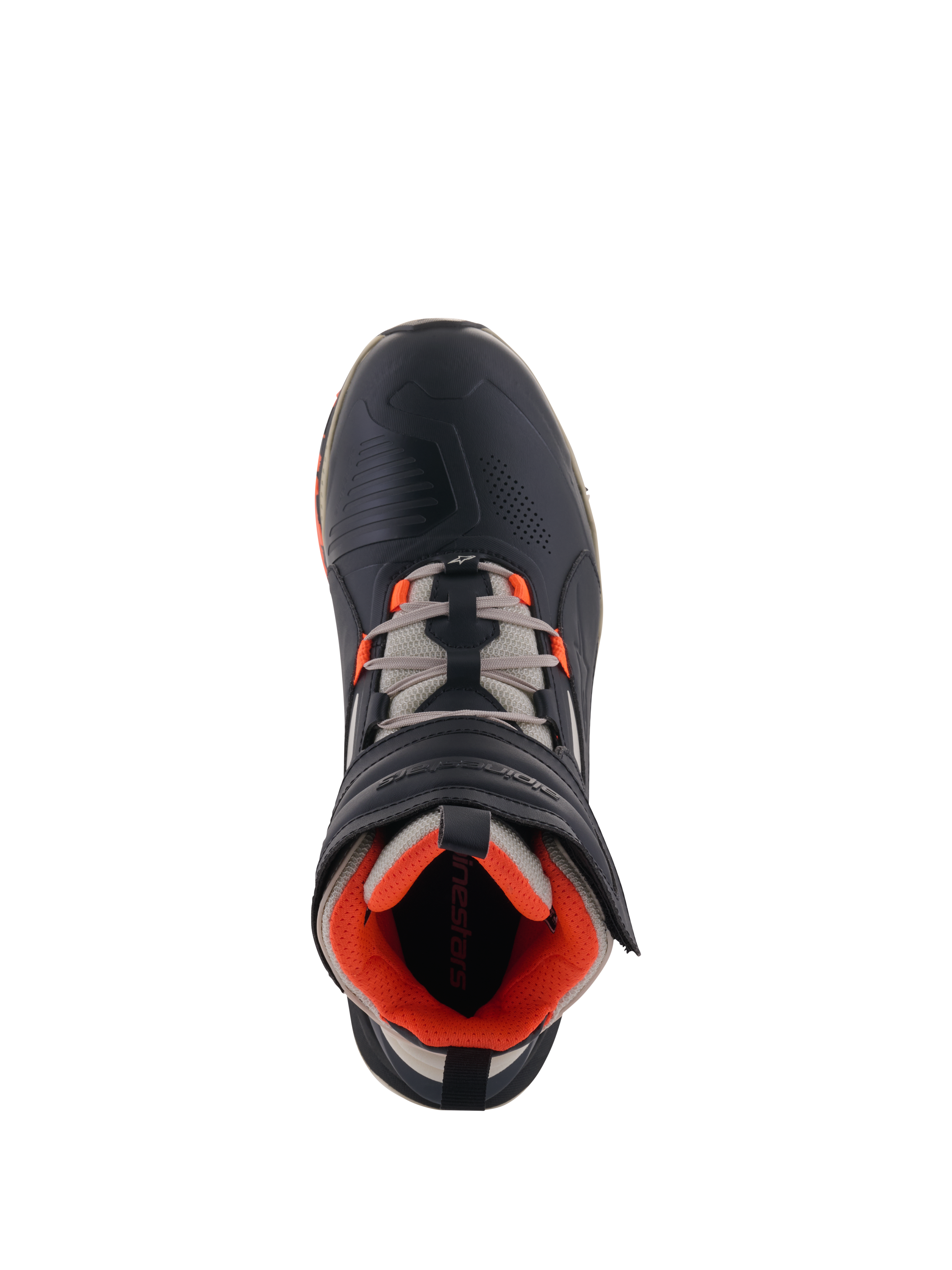 Alpinestars Speedstreet Shoes, sapatos para motociclismo, Black Almond Hot Orange, vista superior mostrando a parte superior em microfibra preta com detalhes cor de laranja, atacadores cinzento amêndoa e tira ergonómica de gancho e laço, design urbano inspirado no desporto motorizado