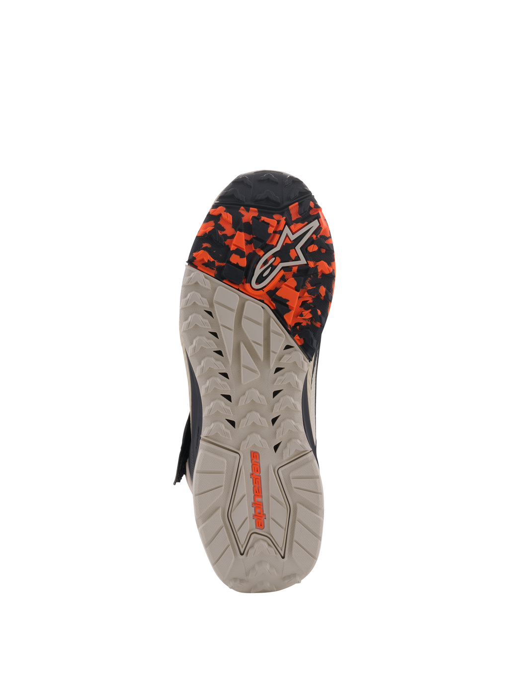 Sapatos Alpinestars Speedstreet, vista da sola, Black Almond Hot Orange, com sola de borracha multi-texturizada resistente ao óleo, parte frontal com padrão camuflado e marca Alpinestars em relevo, concebidos para aderência e estabilidade.